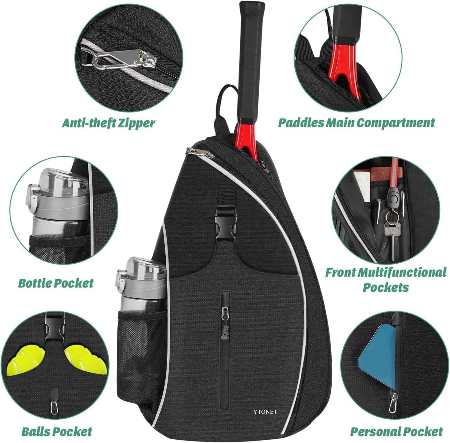 Ytonet Tennis Bag, Tennis Sling Backpack Crossbody Water Resistant for Men Women, Compatible for Pickleball Badminton Rackets