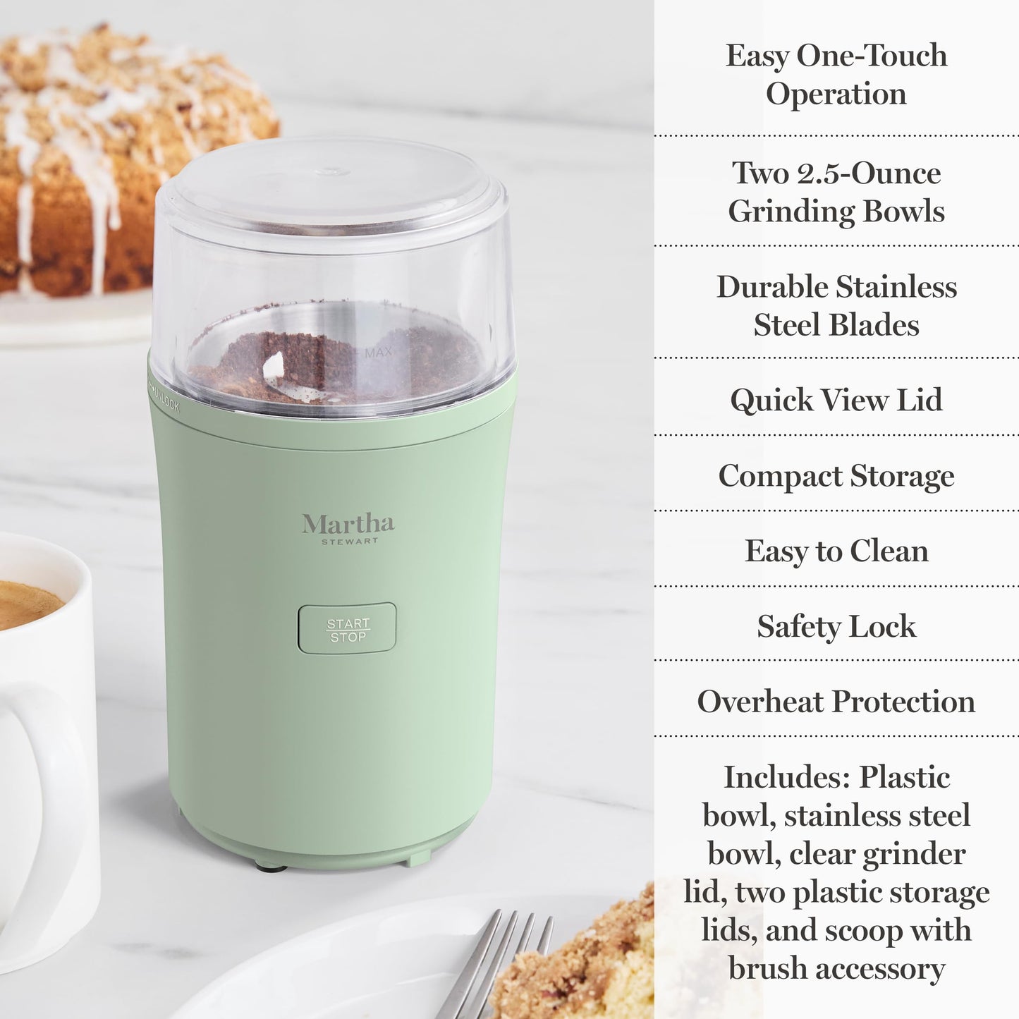 Martha Stewart Electric Coffee & Spice Grinder, Dual 2.5oz Removable Bowls, Storage Lids, Stainless Steel Blades, One Touch Pulse Control, 2-in-1 Compact, Beans & Spices, Herbs & Nuts, Sky Blue