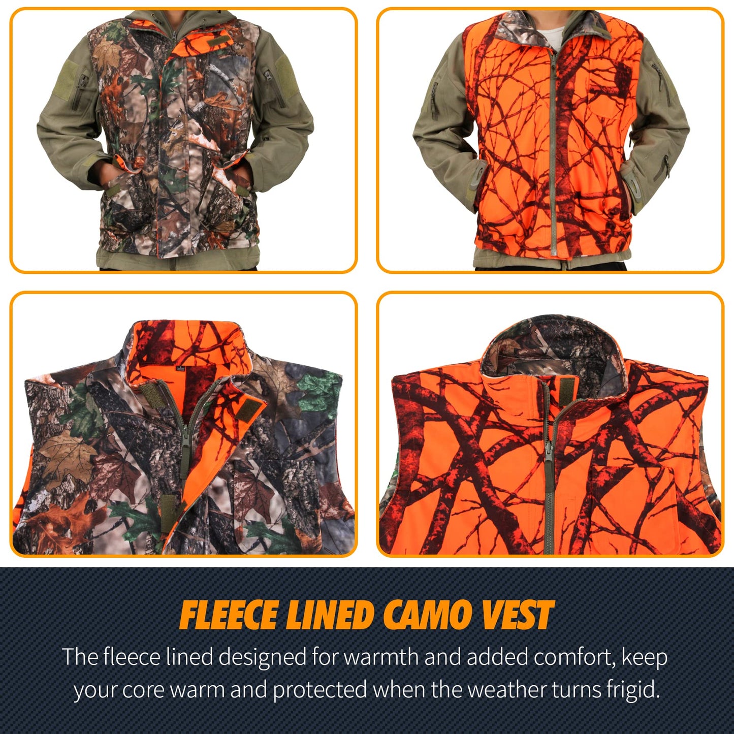 GUGULUZA Camo and Orange Hunting Reversible Vest, Game Vest Jacket for Hunting Camping (M-4XL)