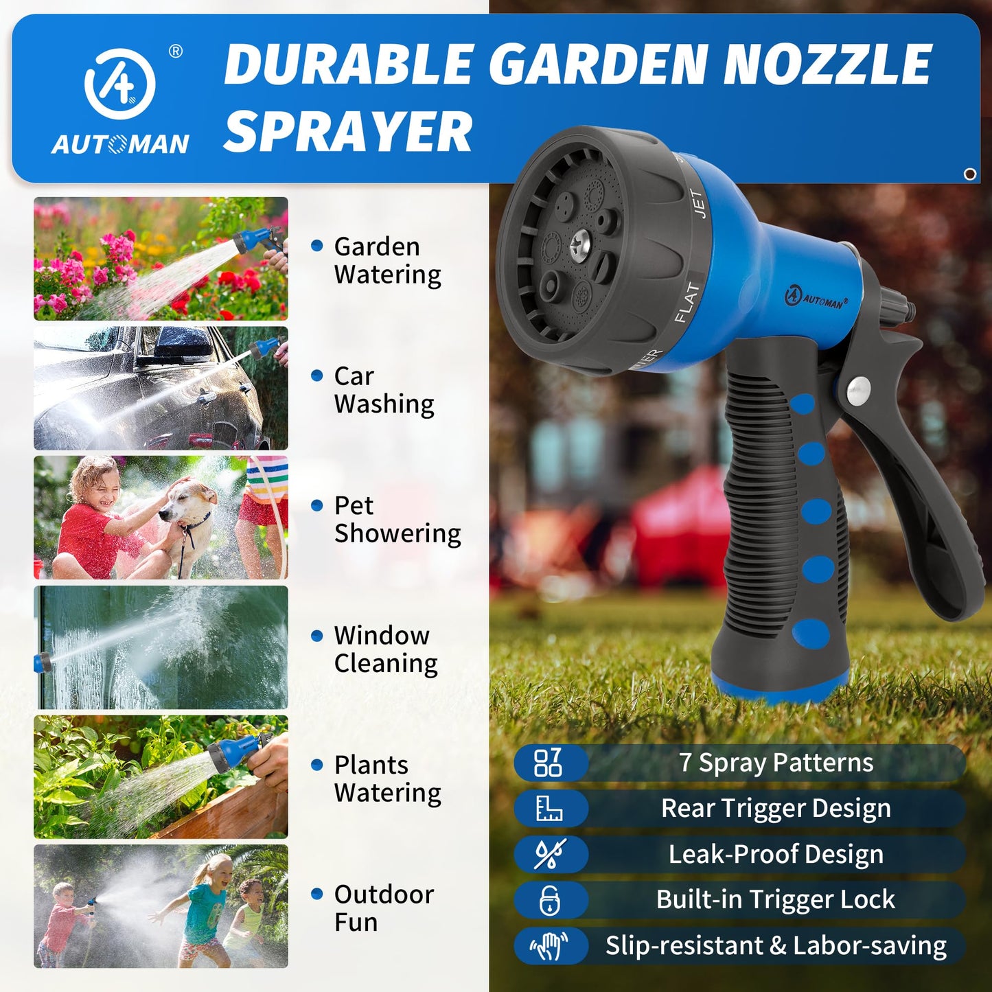 AUTOMAN-Garden-Hose-Nozzle, ABS Water Spray Nozzle with 7 Adjustable Watering Patterns, Slip Resistant for Watering Plants, Lawn& Garden, Washing Cars, Cleaning, Showering Pets & Outdoor Fun.