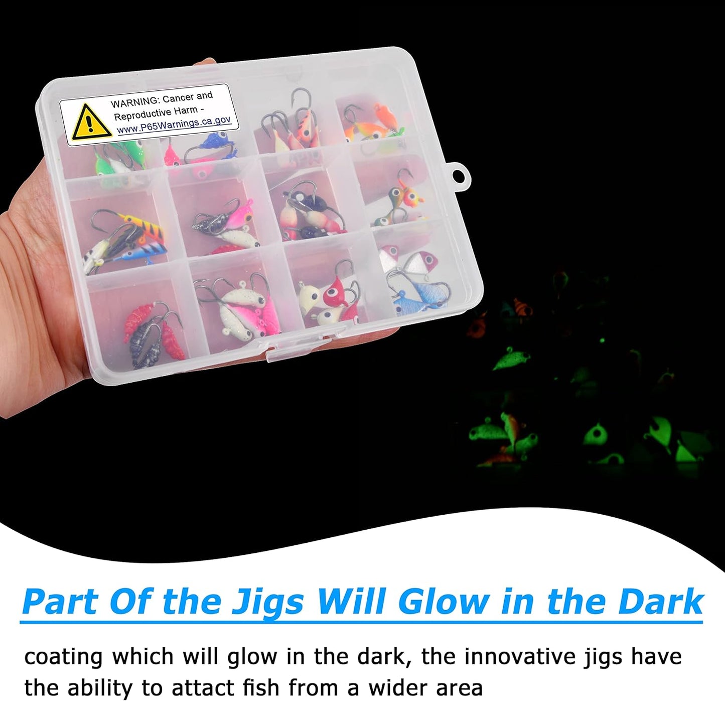 Ice Fishing Jigs Lures kit,48pcs Luminous Ice Fishing Gear Crappie Panfish Jigs Head Fishing Hooks Set for Winter Ice Jigging Walleye Perch Bluegill