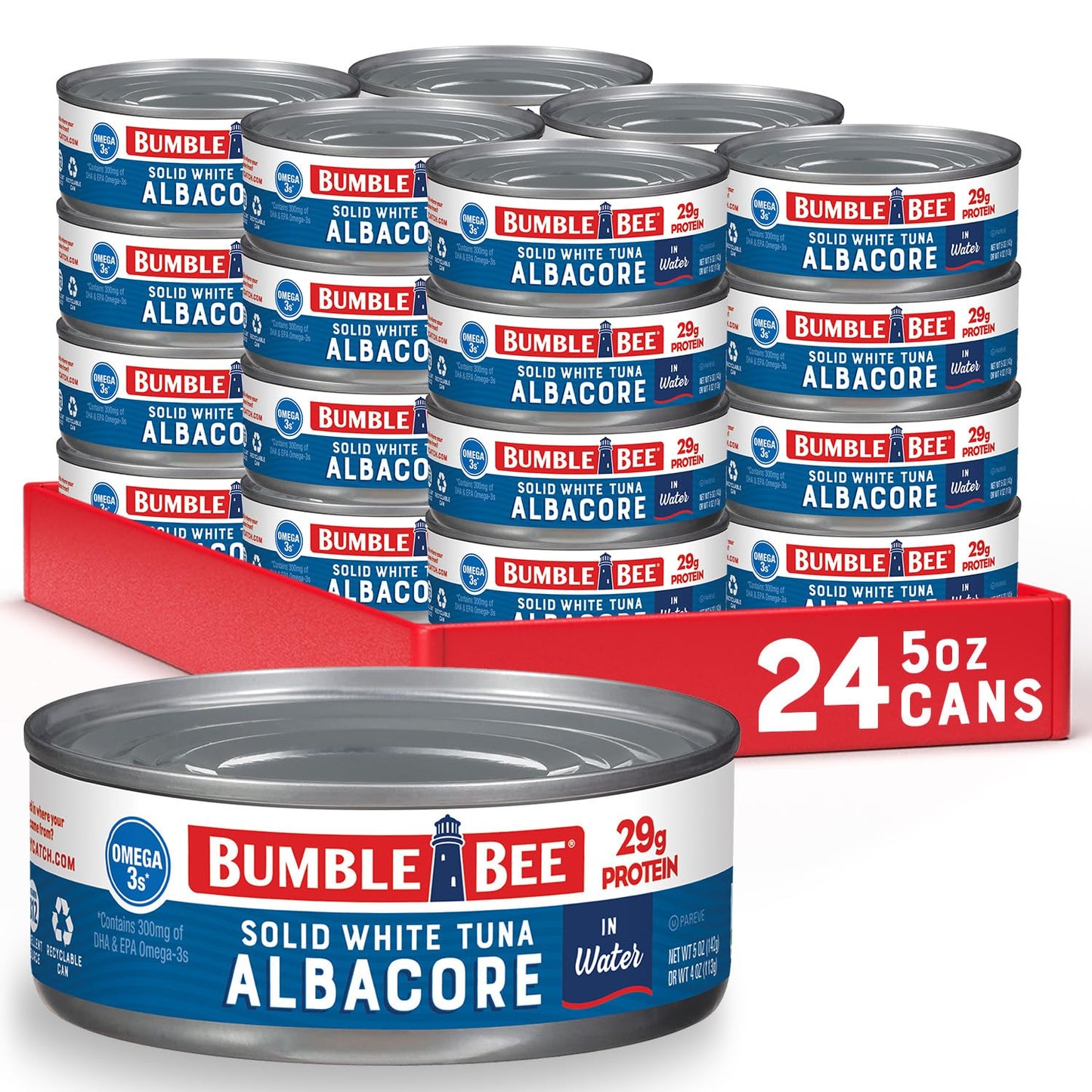 Bumble Bee Solid White Albacore Tuna in Water, 5 oz Can (Pack of 8) - Wild Caught Tuna - 29g Protein per Serving, High in Omega-3s - Non-GMO Project Verified, Gluten Free, Kosher