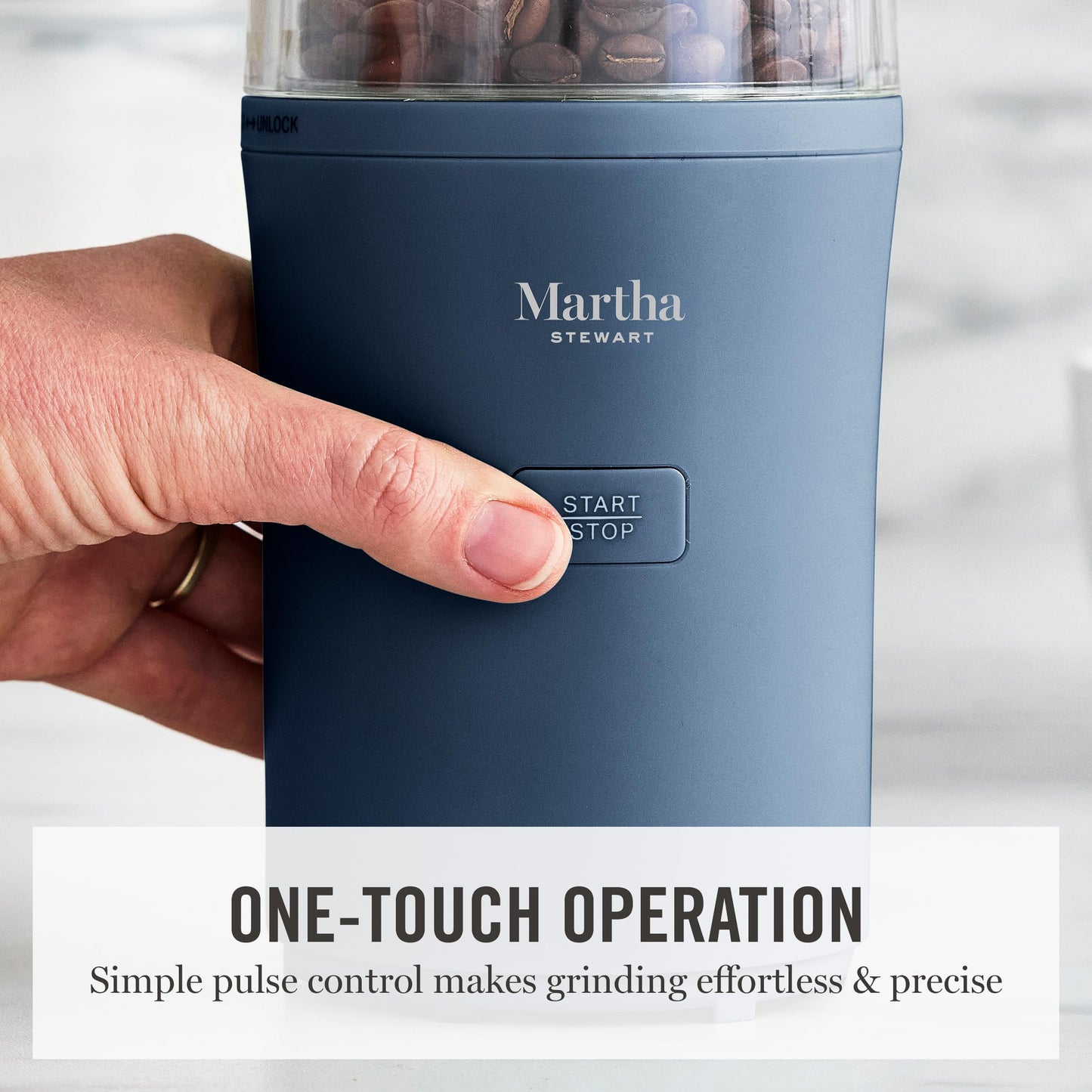Martha Stewart Electric Coffee & Spice Grinder, Dual 2.5oz Removable Bowls, Storage Lids, Stainless Steel Blades, One Touch Pulse Control, 2-in-1 Compact, Beans & Spices, Herbs & Nuts, Sky Blue