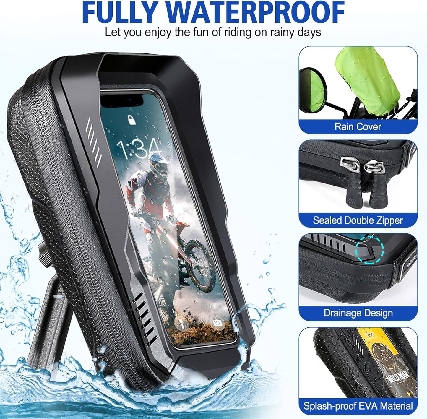 BKNOOU Motorcycle Phone Holder Waterproof Motorcycle Cell Phone Mount 360°Rotation Anti-Shake Upgrade Sun Visor Rain Cover Rearview Mirror Phone Holder Motorbike for Smartphone 4.5" to 6.9"