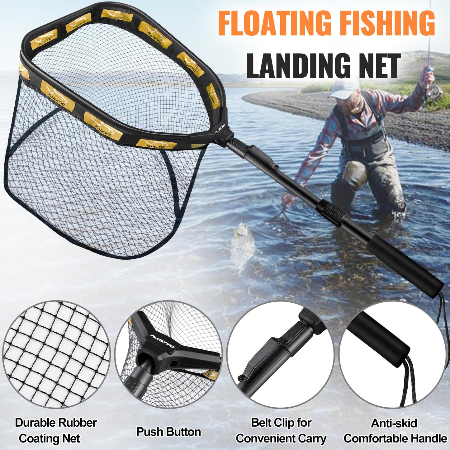PLUSINNO Floating Fishing Net for Steelhead, Salmon, Fly, Kayak, Catfish, Bass, Trout Fishing, Rubber Coated Landing Net for Easy Catch & Release, Compact & Foldable for Easy Transportation & Storage