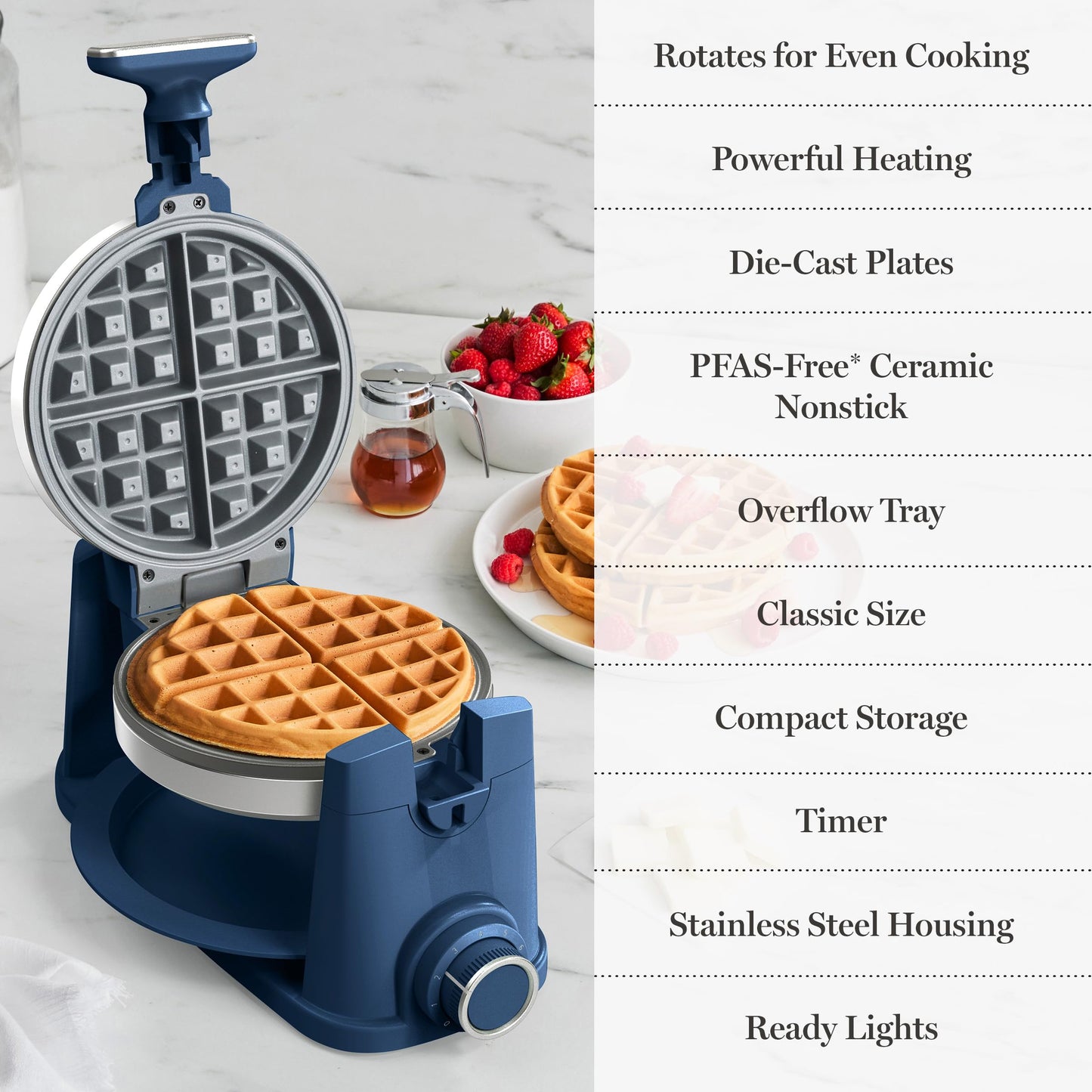 Martha Stewart Rotating Waffle Maker, 180° Flip Iron with PFAS-Free Nonstick Plates, Adjustable Timer, Ready Light, Drip Tray, Space Saving, Classic Round 7”, Easy to Clean, Stainless Steel, Sky Blue
