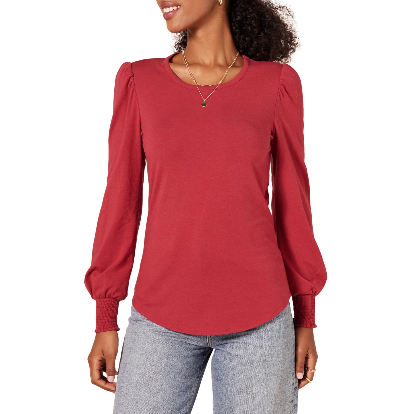 Amazon Essentials Women's Long-Sleeve Crewneck Smocked Cuff T-Shirt