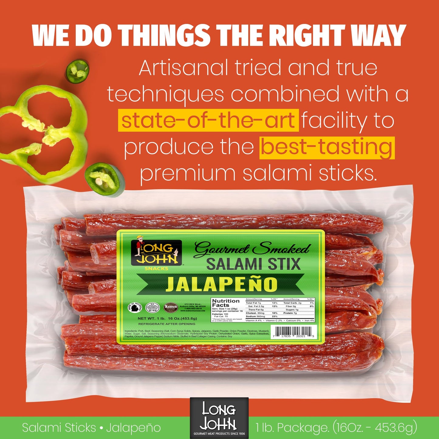 Long John Snacks Italian Style Dried Salami Stix – Premium Italian Blend Hand Crafted Pork & Beef Cuts – Gluten-Free, Bold Flavor & Low Heat – Smoked & Italian-Style Dried to Perfection - 16oz.