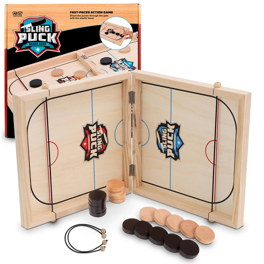 Crazy Games XL Fast Sling Puck Game | Tabletop Skittles Game I 24" Wooden Family Indoor Game for Two Players | Super Winner Sling Puck Game for Family | Hockey Games for Adults & Kids