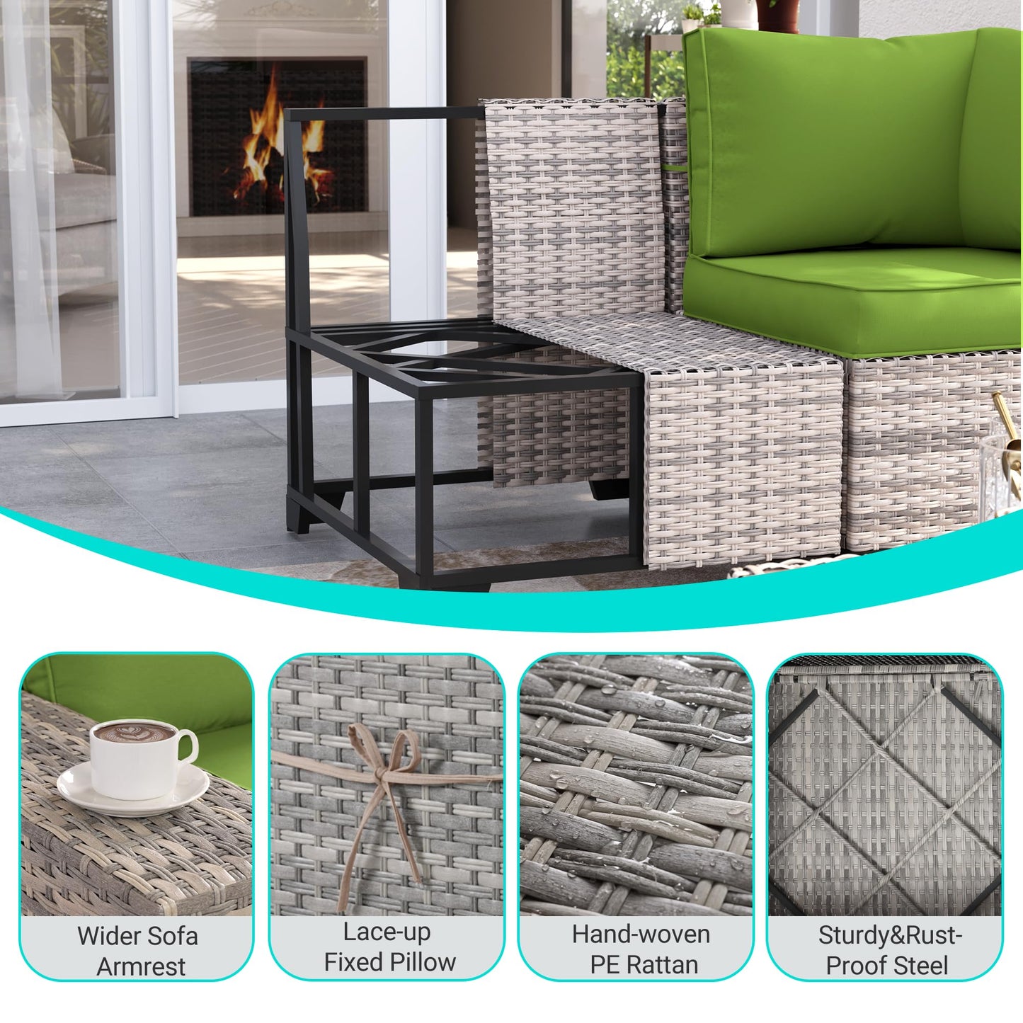 6-Piece Outdoor Patio Furniture Set Wicker Sectional Sofa Set, Patio Conversation Set with Thickened Cushions & Coffee Table for Garden, Backyard, Poolside, Beige