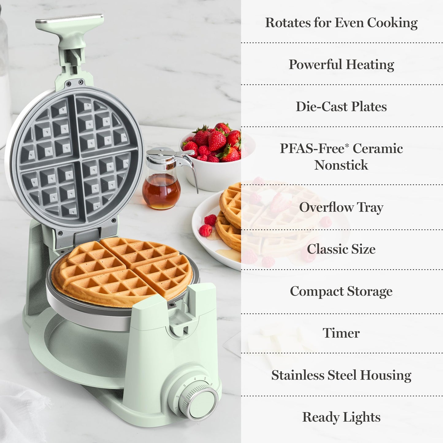 Martha Stewart Rotating Waffle Maker, 180° Flip Iron with PFAS-Free Nonstick Plates, Adjustable Timer, Ready Light, Drip Tray, Space Saving, Classic Round 7”, Easy to Clean, Stainless Steel, Sky Blue