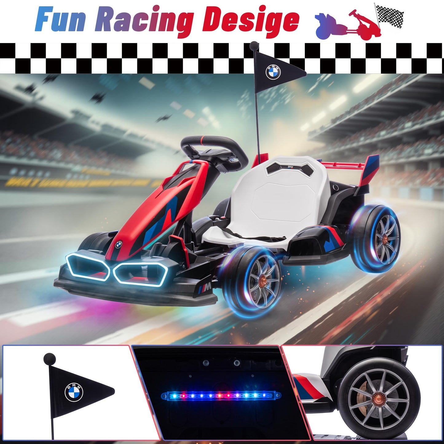 Wanan 36V Electric Go Kart with Adjustable Seat, Licensed BMW Drift Kart with Dual 2 x 300W Motors, Crazy Go Cart for Kids Ages 6-12, Cool LED Lights, Drift Mode and 2 Speeds (Red)