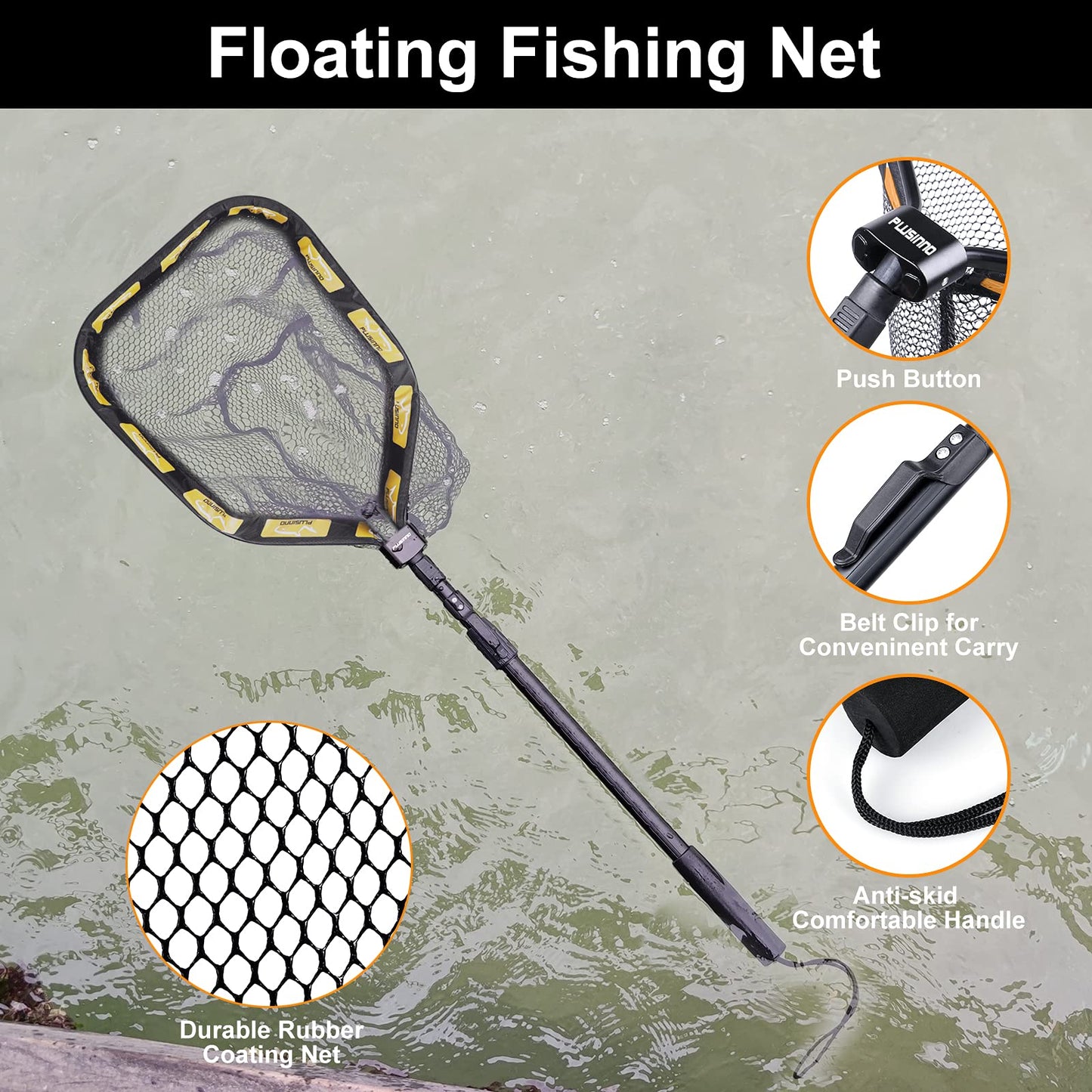 PLUSINNO Floating Fishing Net for Steelhead, Salmon, Fly, Kayak, Catfish, Bass, Trout Fishing, Rubber Coated Landing Net for Easy Catch & Release, Compact & Foldable for Easy Transportation & Storage