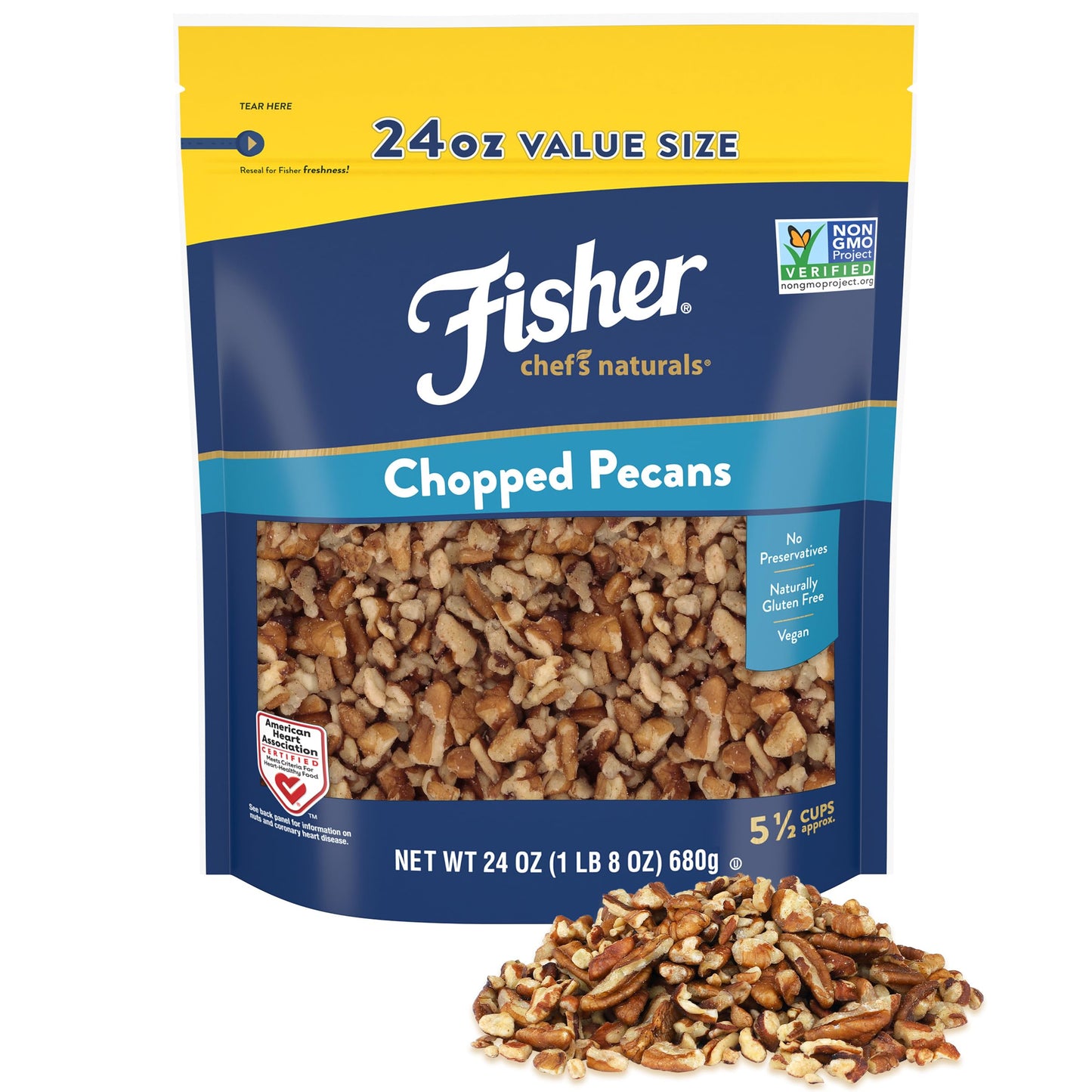 Fisher Chef's Naturals Pecan Halves 24 oz Resealable Bag, Unsalted Raw Nuts for Cooking, Baking & Snacking, Healthy Snacks for Adults, Vegan Protein, Keto Snack, Gluten Free Raw Pecans Halves
