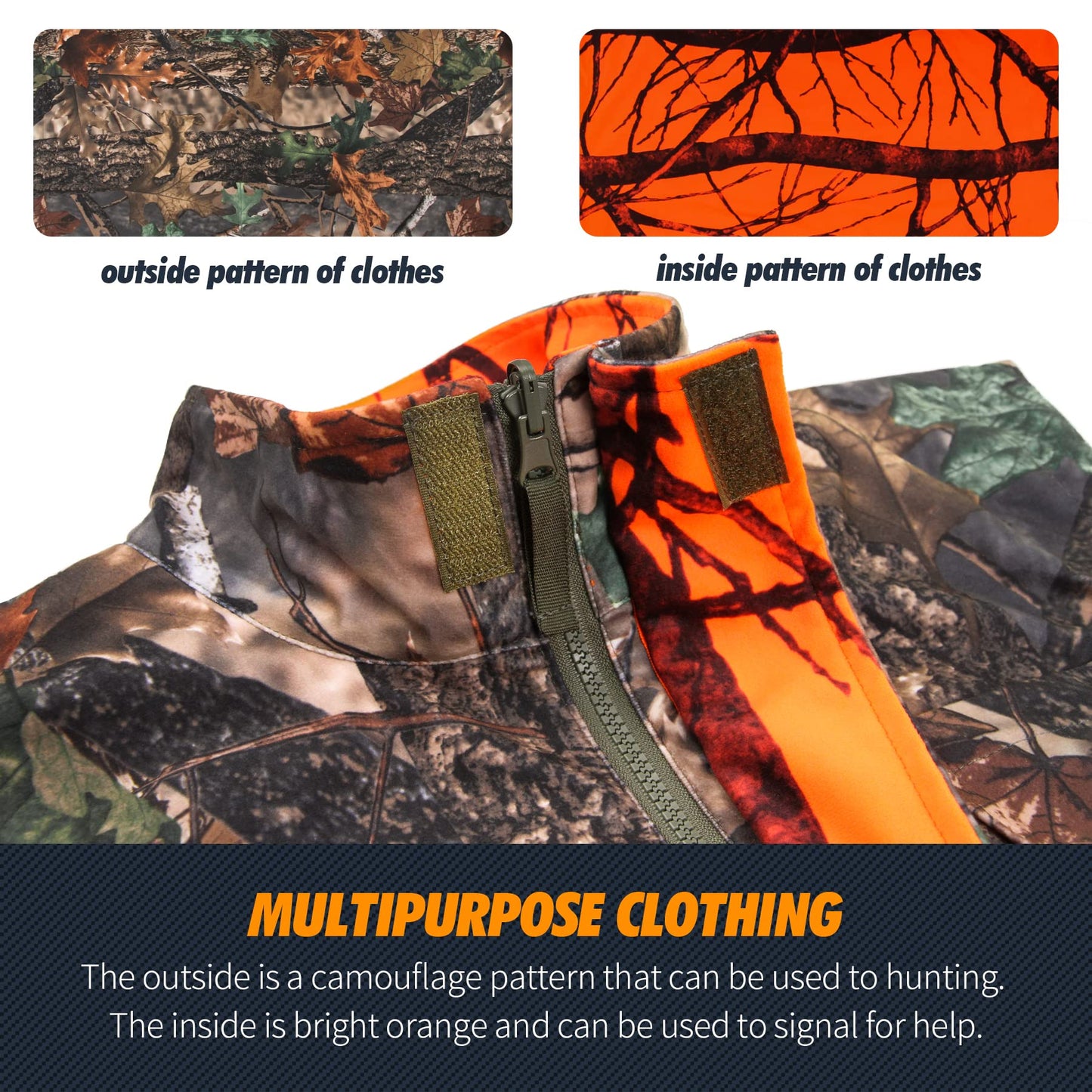 GUGULUZA Camo and Orange Hunting Reversible Vest, Game Vest Jacket for Hunting Camping (M-4XL)