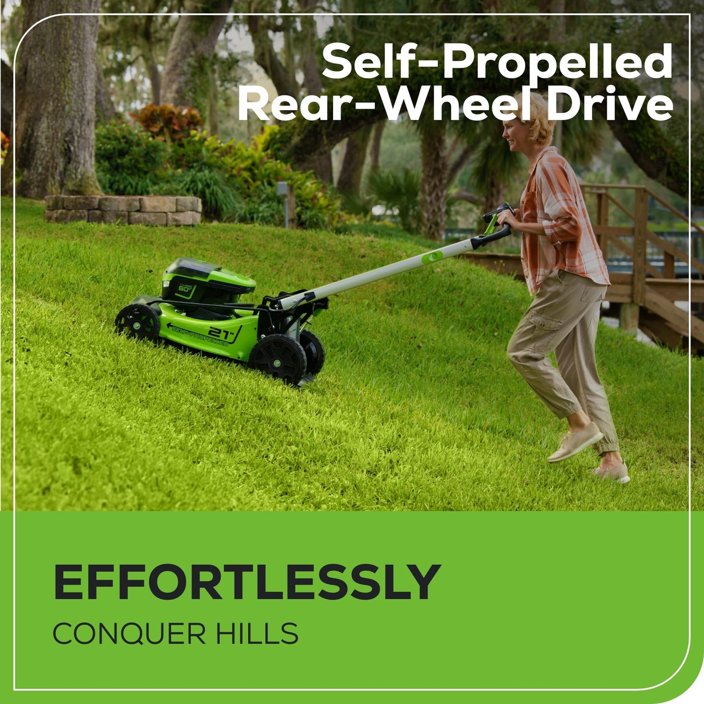 Greenworks 60V 21” Cordless (Push) Lawn Mower (LED Lights + Aluminum Handles), 5.0Ah Battery and Rapid Charger