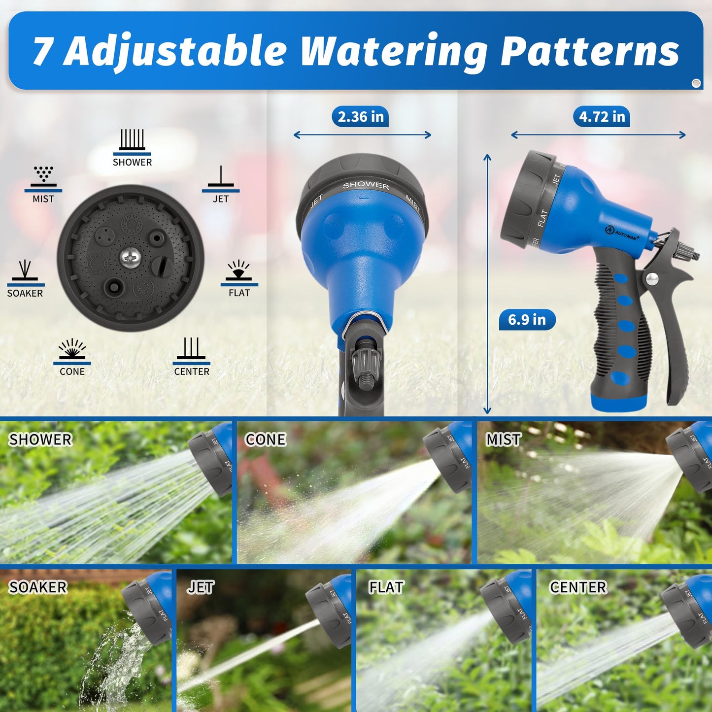 AUTOMAN-Garden-Hose-Nozzle, ABS Water Spray Nozzle with 7 Adjustable Watering Patterns, Slip Resistant for Watering Plants, Lawn& Garden, Washing Cars, Cleaning, Showering Pets & Outdoor Fun.