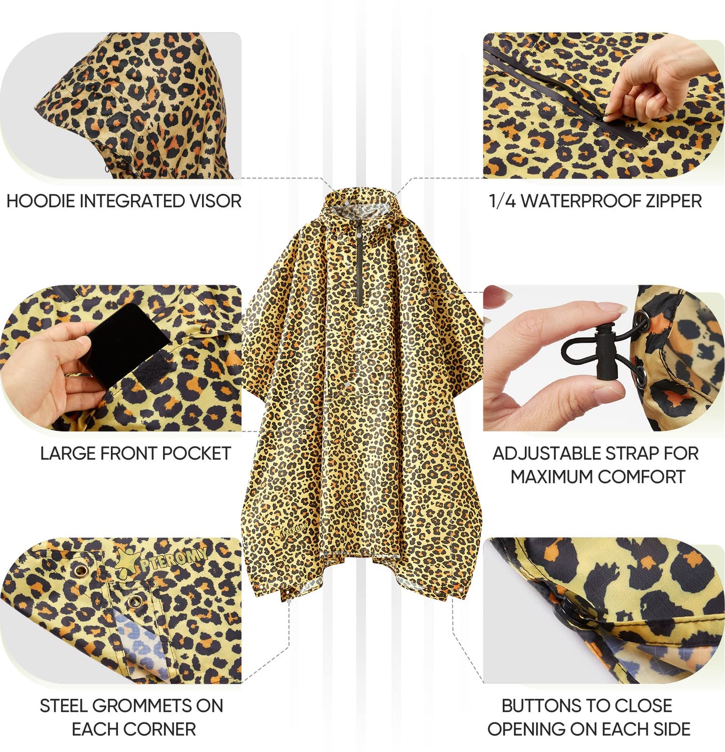 PTEROMY Hooded Rain Poncho for Adult with Pocket, Waterproof Lightweight Unisex Raincoat for Hiking Camping Emergency