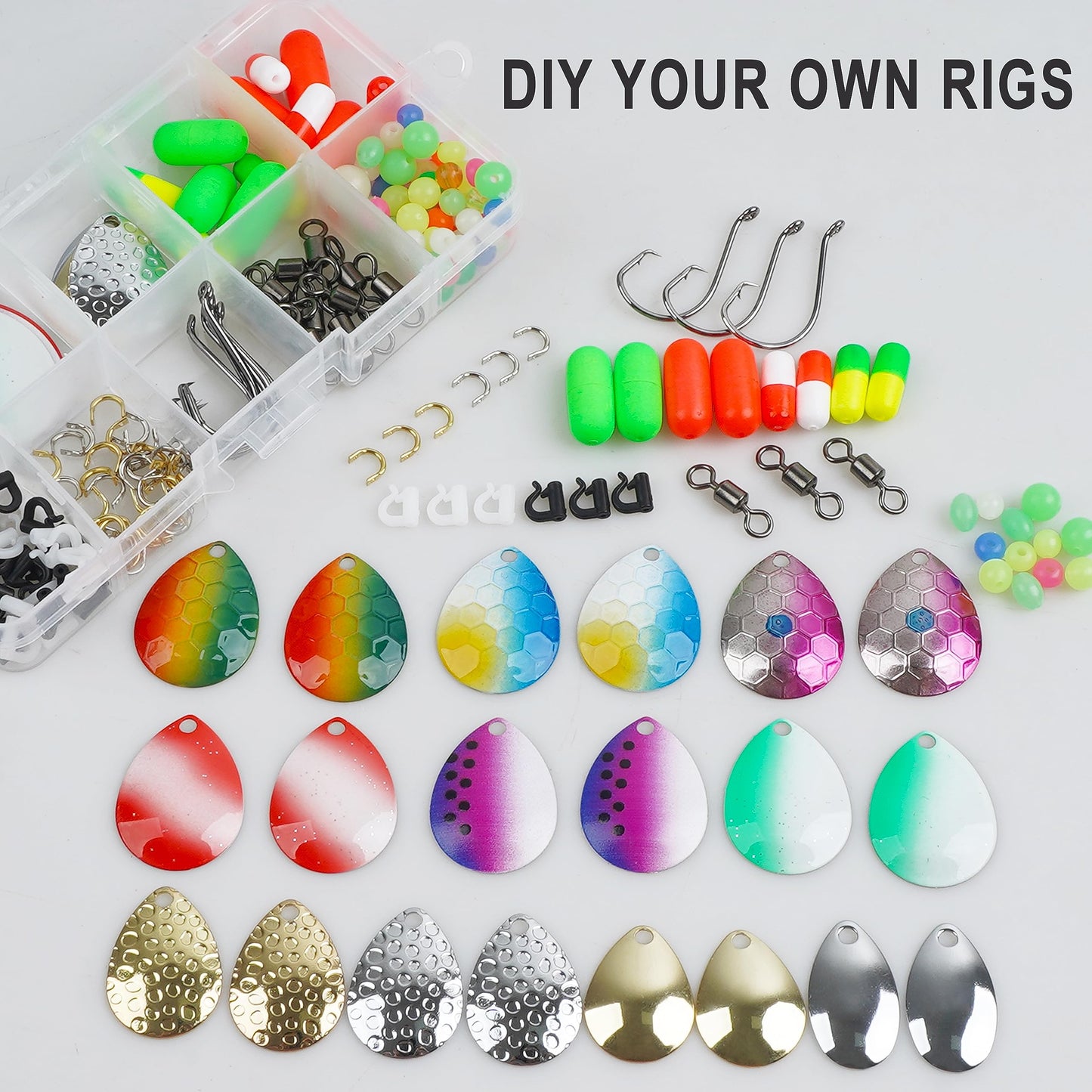 Walleye Rig Making Kit,205pcs DIY Lure Making Supplies Parts for Crawler Harness Walleye Spinner Rigs Colorado Blades Pompano Floats Clevises Beads Hooks Spinner Lure Making Kit