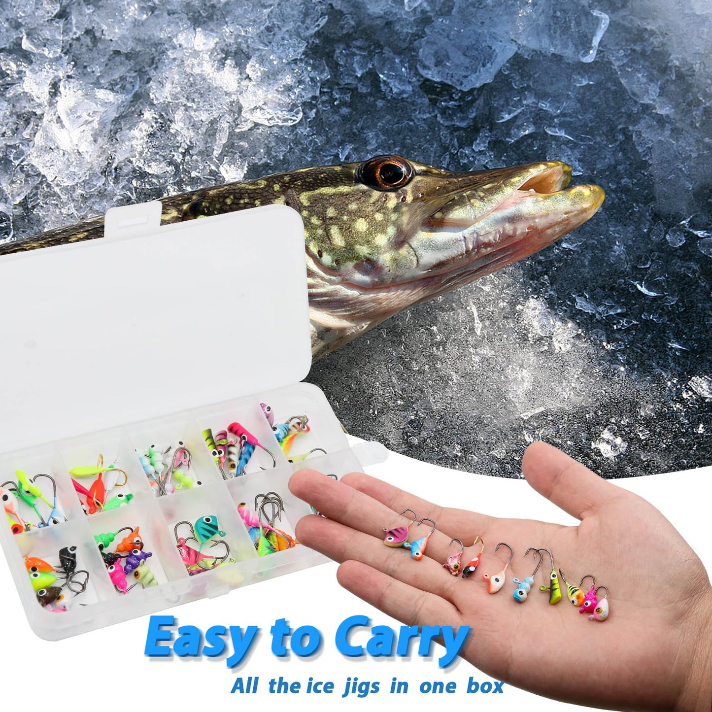 Ice Fishing Jigs Kit, 30/60Pcs Glow Ice Fishing Lure Set for Winter Ice Jigging Crappie Sunfish Perch Panfish Walleye Pike Jigs, Ice Fishing Gear with Storage Box