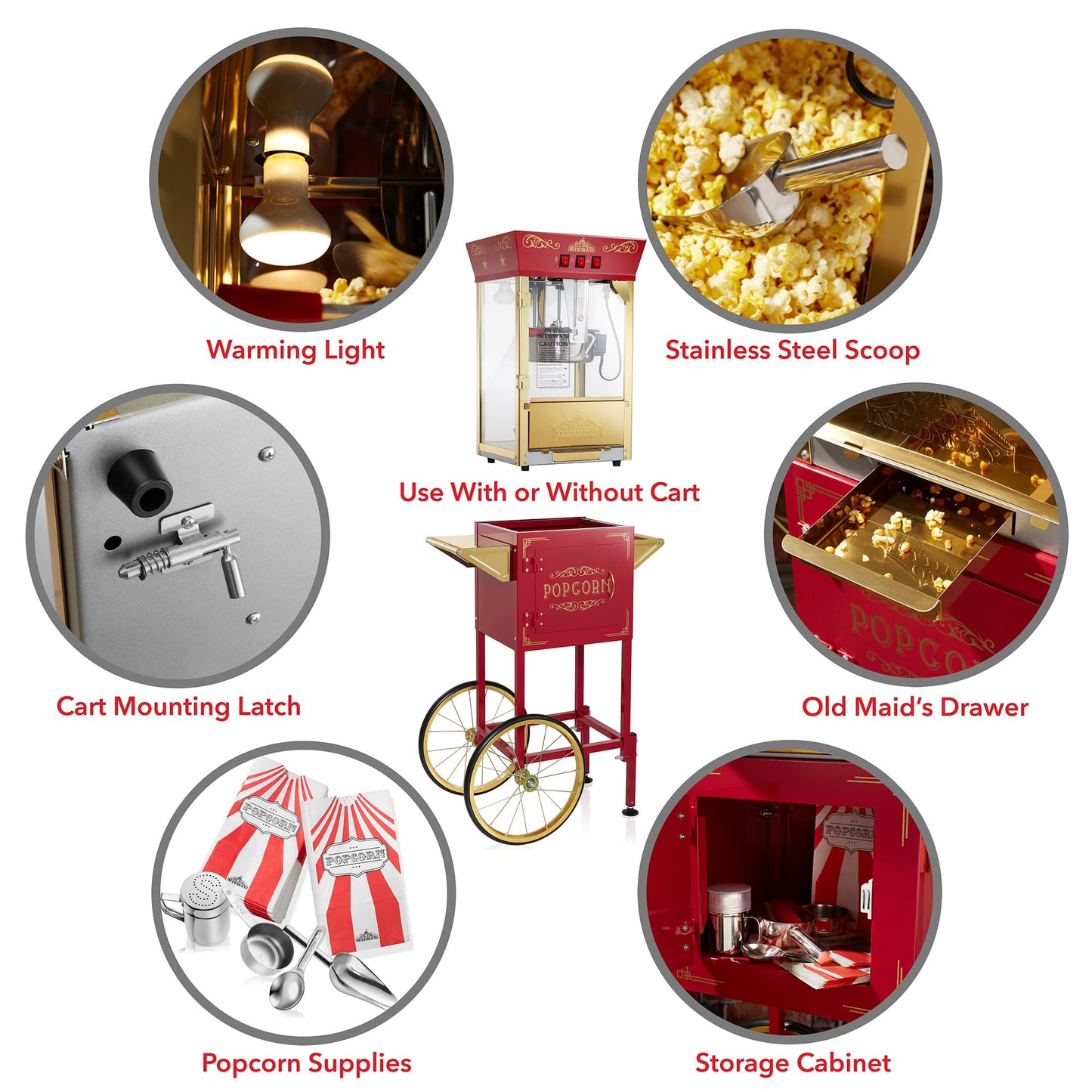 Olde Midway Movie Theater-Style Popcorn Machine Maker with Cart and 10-Ounce Kettle - Red, Vintage-Style Popper on Wheels