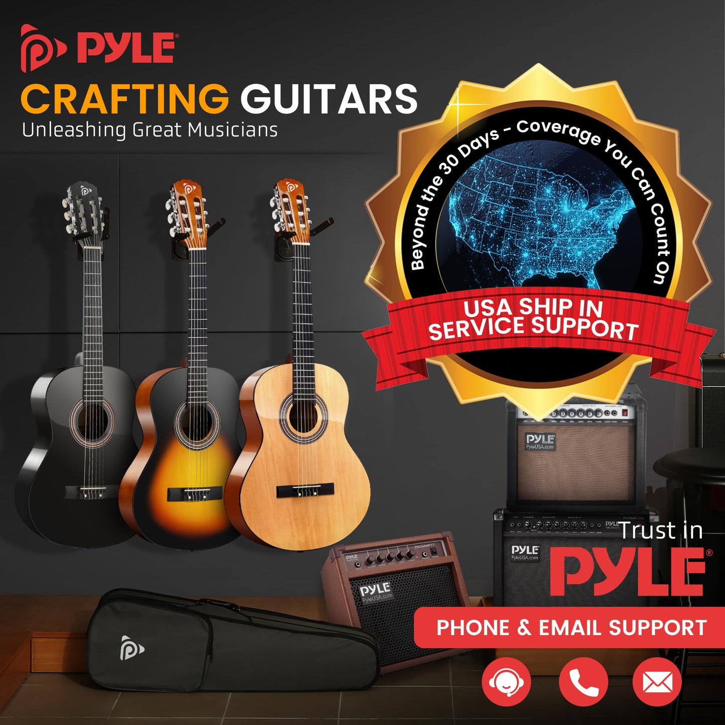 Pyle 6-String Classic Guitar-3/4 Size Scale Guitar with Digital Tuner & Accessory Kit (36’’ -inch), Right, 2 Ash, Gloss, (PGACLS82.X9)