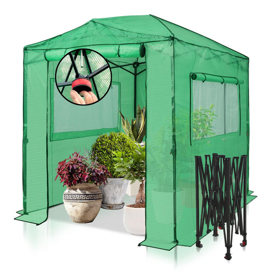 EAGLE PEAK Instant Pop-up Greenhouse, Indoor Outdoor Plant Gardening Green House, Roll-Up Zipper Doors and Side Windows, Walk in 8x6 ft, PE Cover, Green/Clear