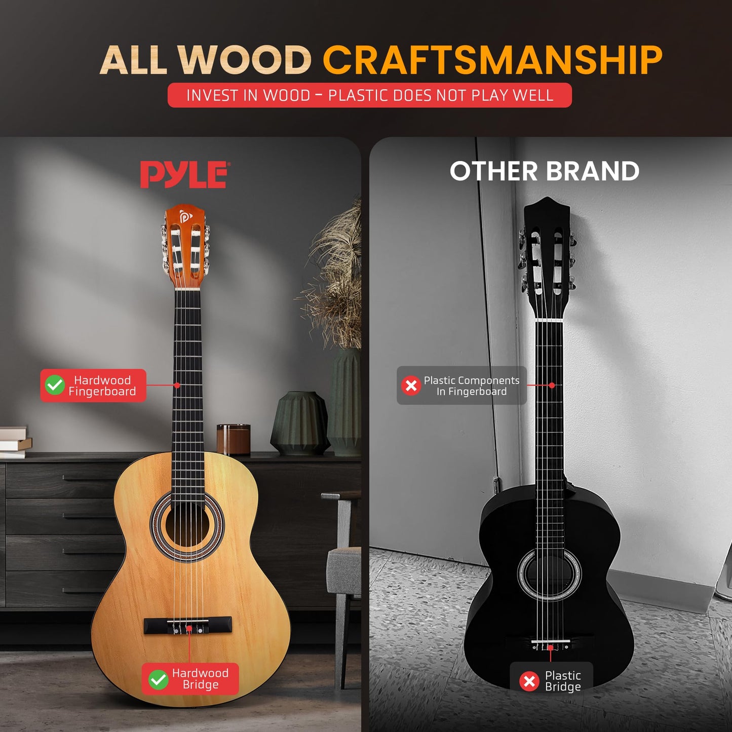 Pyle 6-String Classic Guitar-3/4 Size Scale Guitar with Digital Tuner & Accessory Kit (36’’ -inch), Right, 2 Ash, Gloss, (PGACLS82.X9)