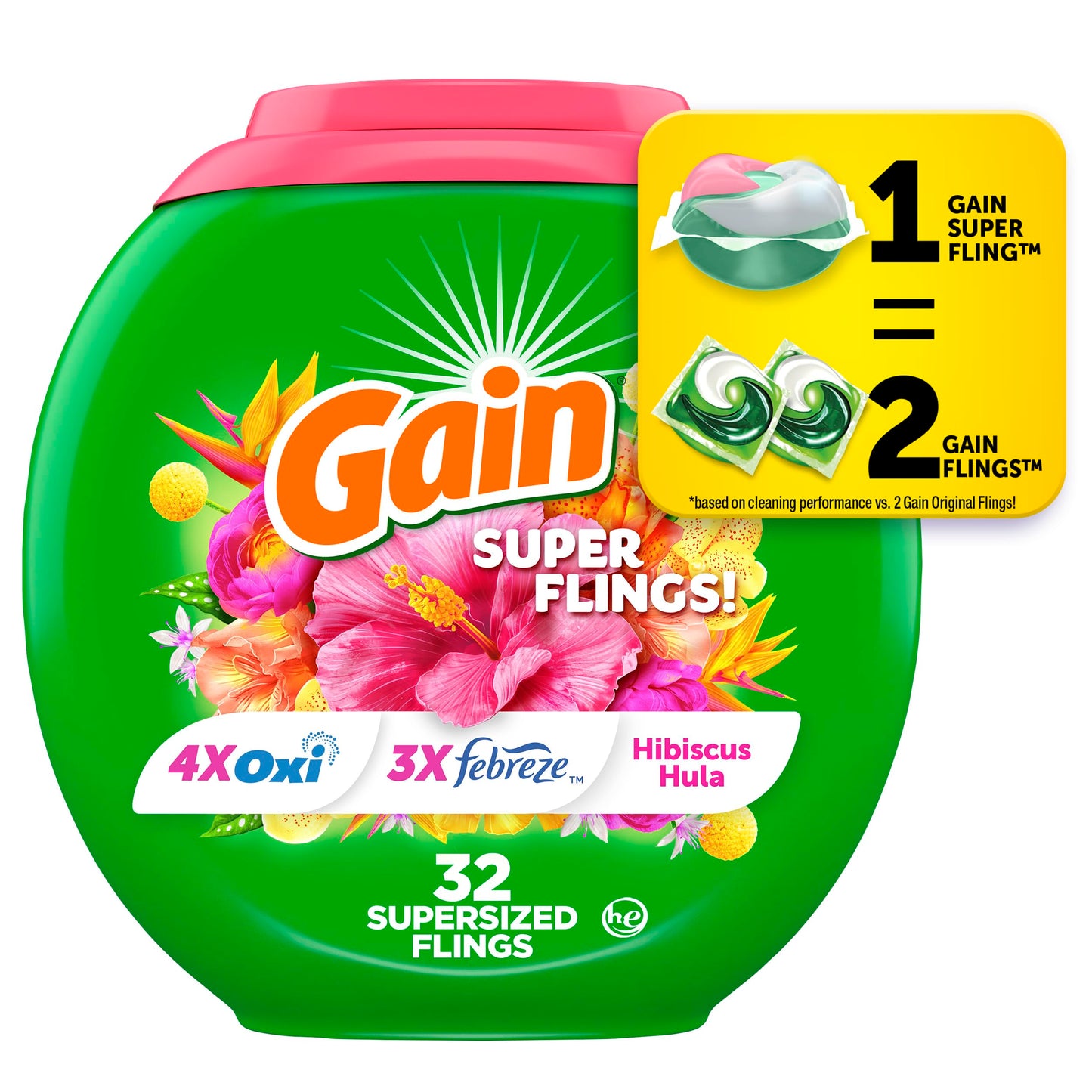 Gain Super Sized Flings Laundry Detergent Pacs with Hibiscus Hula Scent, Powerful Cleaning for Lasting Freshness, HE Compatible, 45 Count, Gain Laundry Detergent Pods