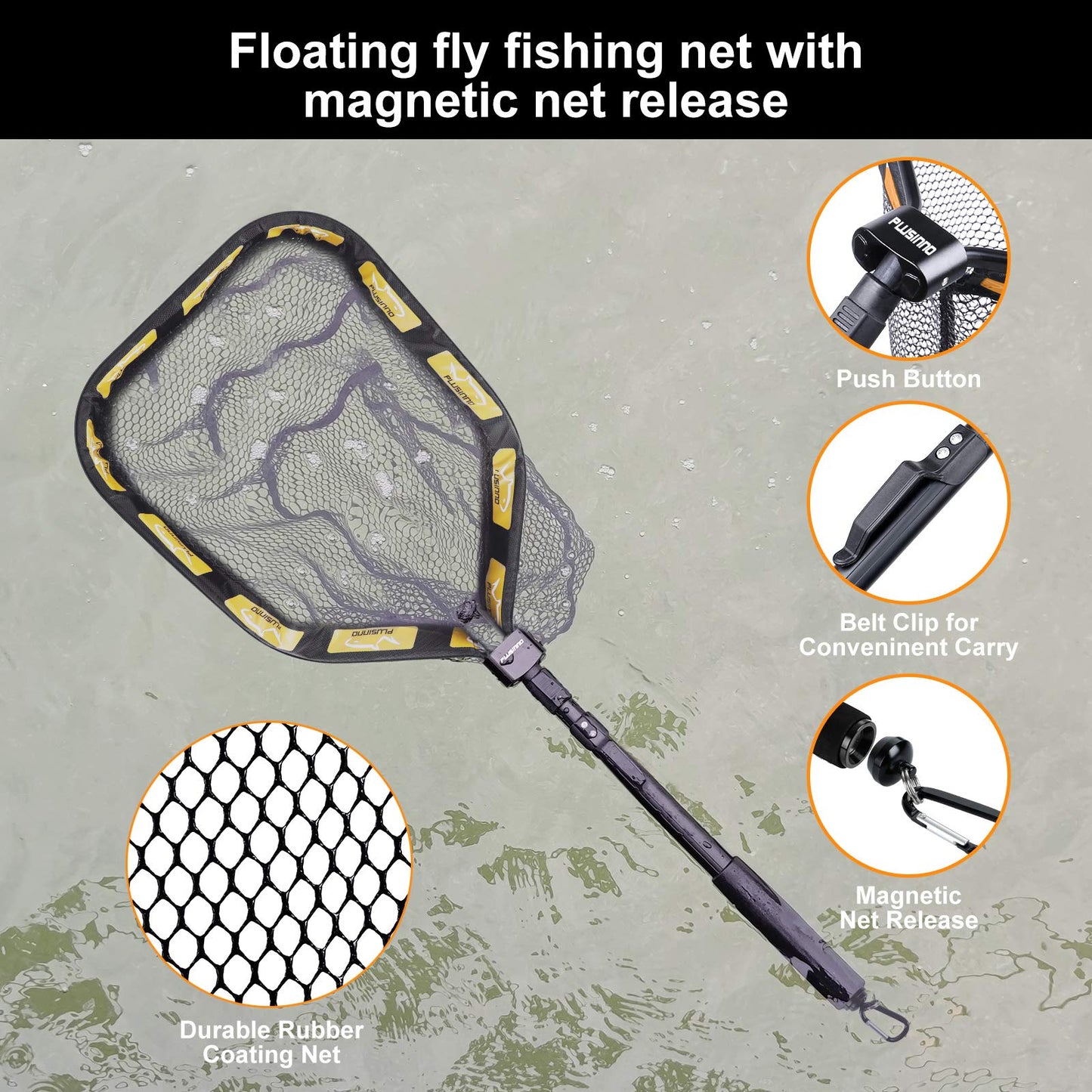PLUSINNO Floating Fishing Net for Steelhead, Salmon, Fly, Kayak, Catfish, Bass, Trout Fishing, Rubber Coated Landing Net for Easy Catch & Release, Compact & Foldable for Easy Transportation & Storage
