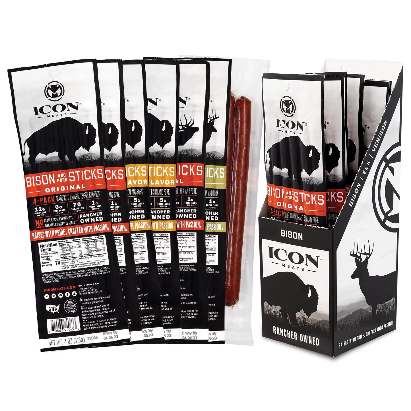 ICON Meats Snack Sticks Sampler - Assorted Flavors of Bison, Elk, Venison and Pork Jerky Sticks - 24 Pack of Individually Wrapped Meat Sticks, 6 Per Flavor – USDA Approved, All Natural Artisan Meats