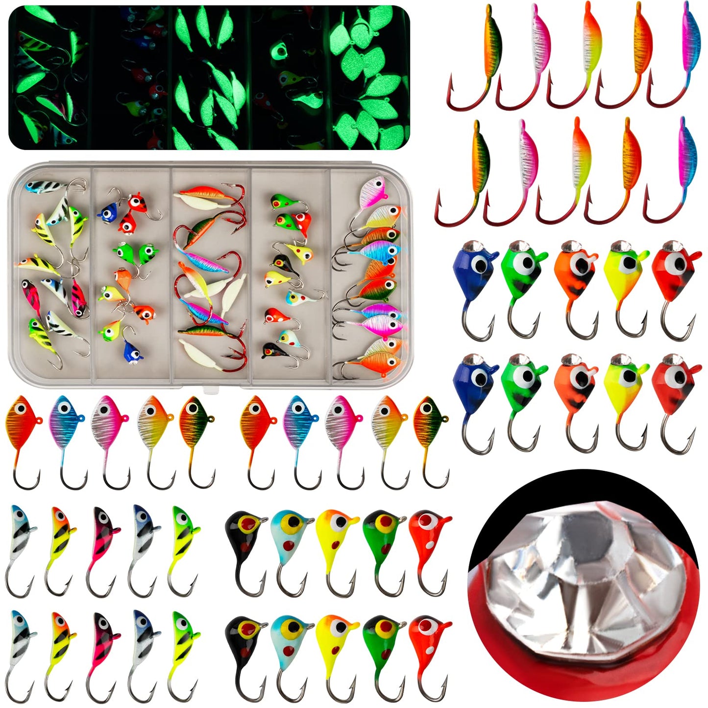 THKFISH Ice Fishing Jigs Kit Ice Fishing Lures for Walleye Perch Jigs Heads for Ice Fishing Tackle Panfish Crappie Jigs 50PCS/31PCS