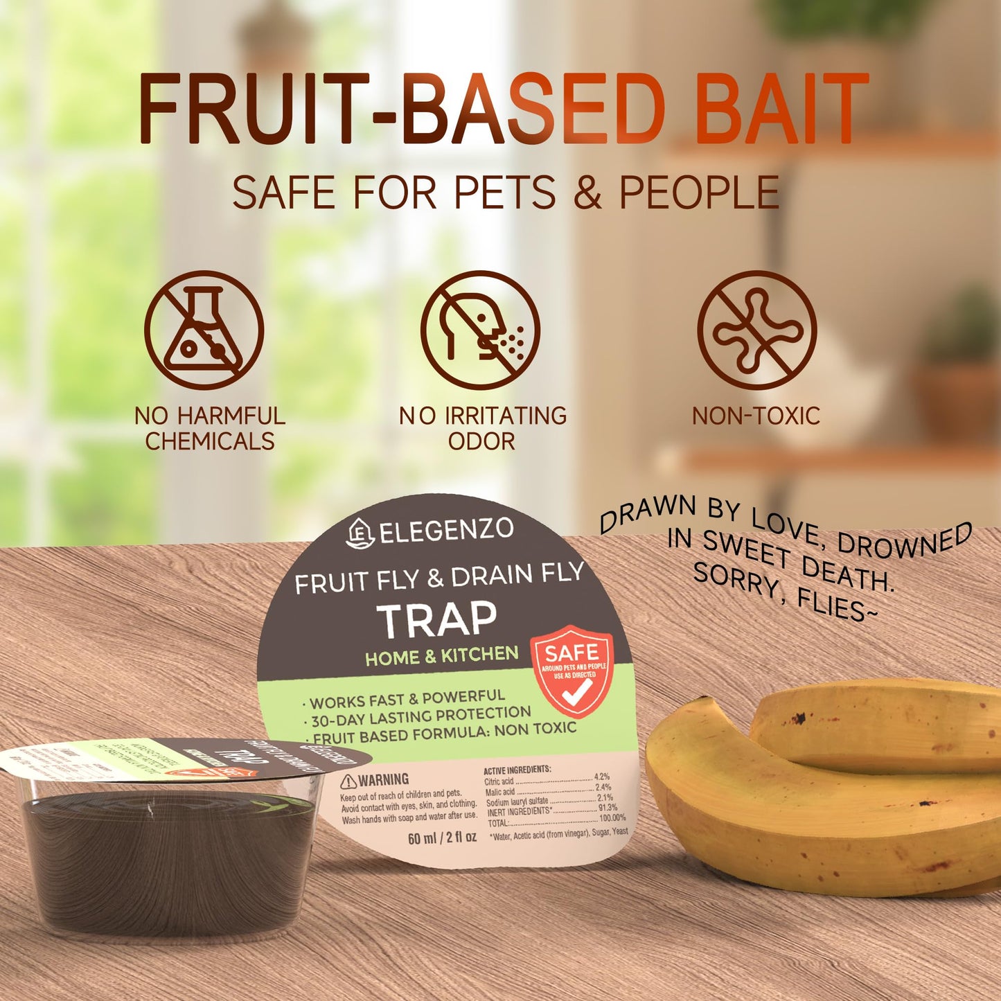Fruit Fly Traps for Indoors Killer: Fruit Fly and Drain Fly Killer Indoor - Reusable Escape-Proof Trap and Powerful Fruit-Based Bait (2 X 60ml Refills) Safe for Pets & People -Lasts 60 Days