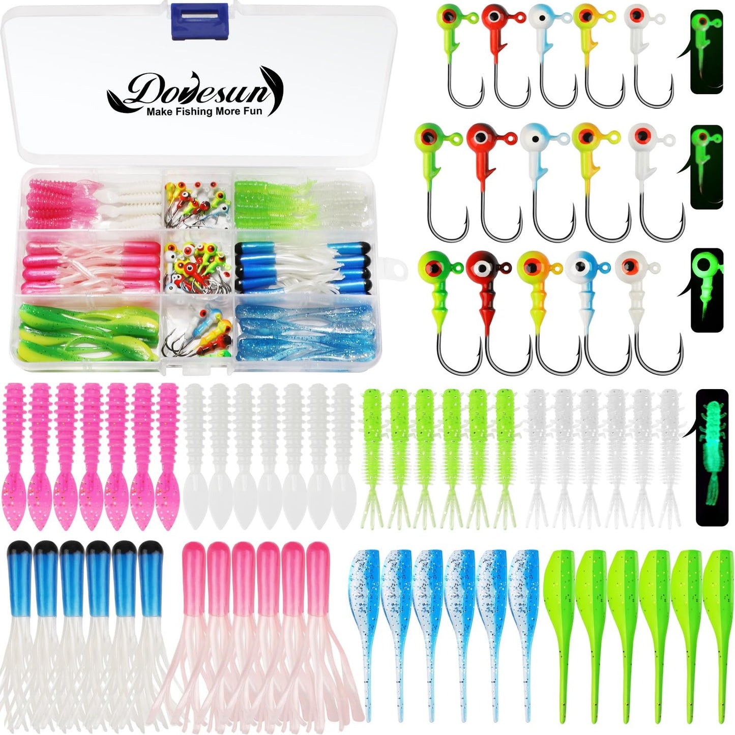 Dovesun Crappie Lures with Jig Heads Kit, Soft Plastic Grubs-Tube Baits 1/8oz 1/16oz 1/32oz Crappie Jigs Walleye Trout Bass Crappie Baits 95-120pcs