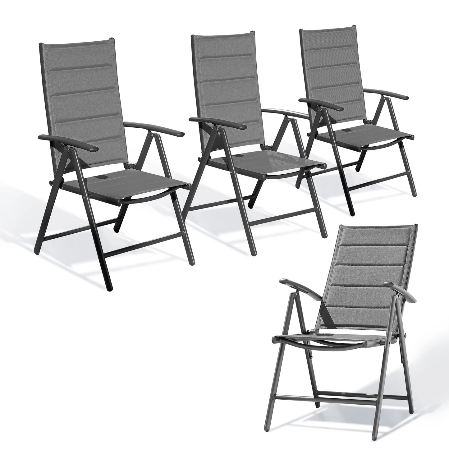PURPLE LEAF 9 Pieces Outdoor Patio Dining Set with 8 Folding Portable Chairs and 1 Rectangle Aluminum Table, Foldable Adjustable High Back Reclining Chairs with Soft Cotton-Padded Seat, Grey