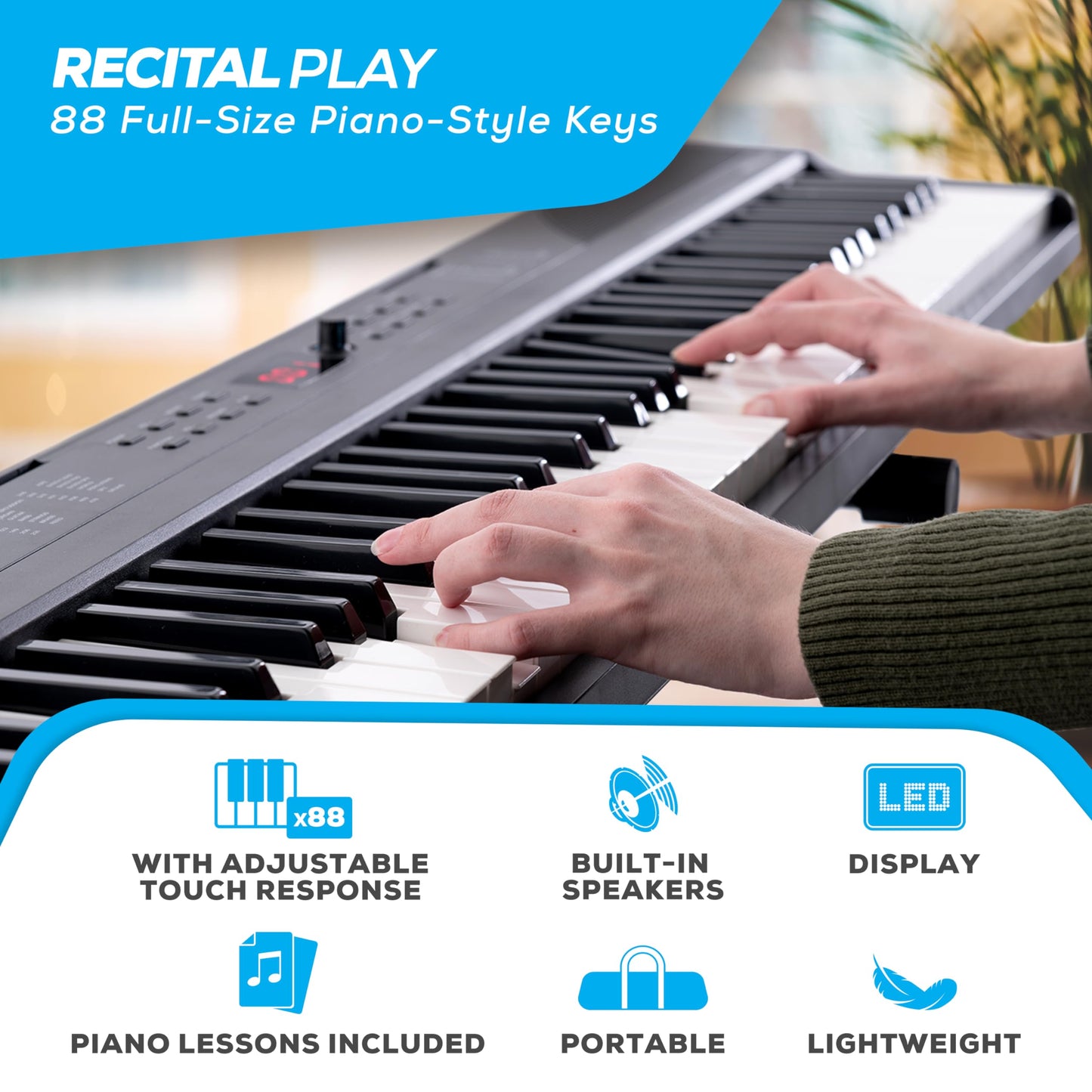 Alesis 88 Key Keyboard Piano with 480 Sounds, Speakers, USB MIDI, Carry-Bag, Stand, Headphones, Pedal and Piano Lessons for Beginners