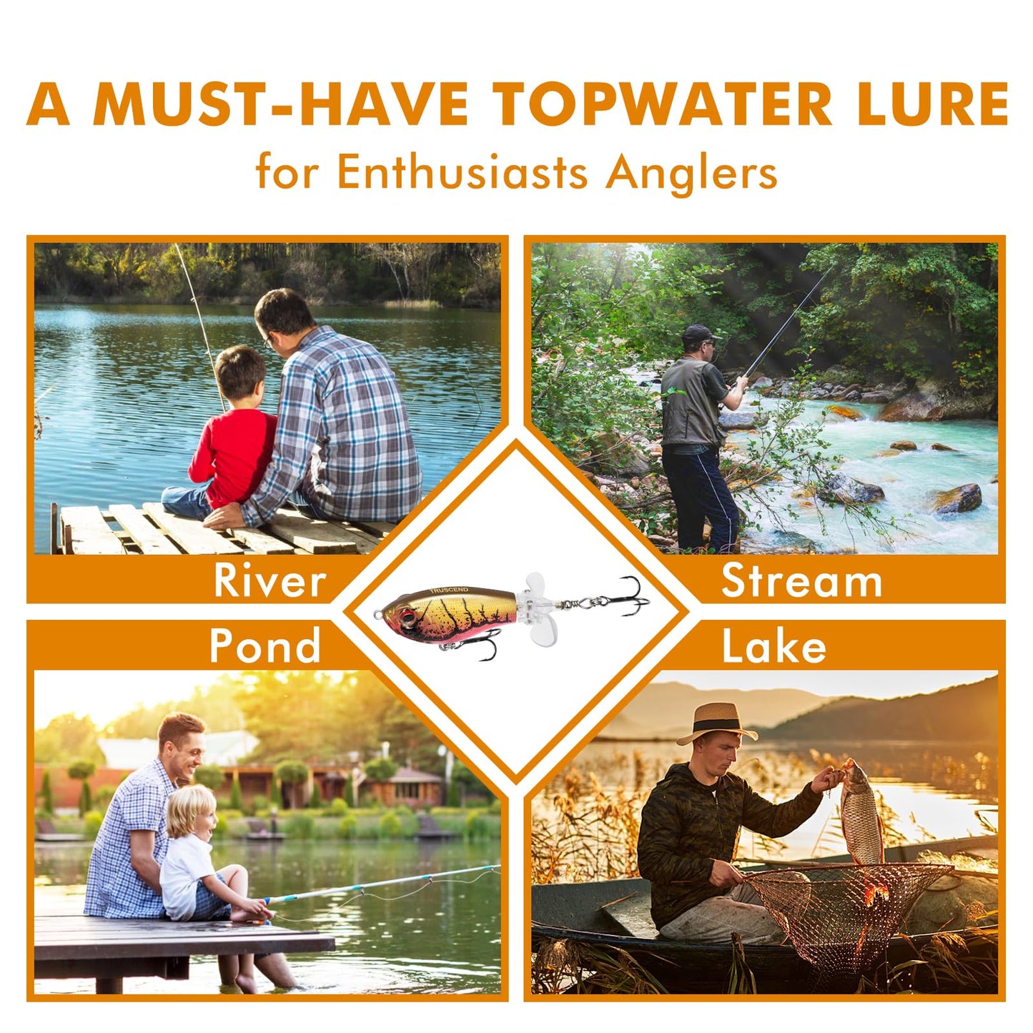 TRUSCEND PoPobait Plopper with BKK Hooks, Top Water Fishing Lures for Bass Walleye Pike Catfish Musky Perch, Floating Lure for Freshwater or Saltwater, Amazing Teasers Fishing Gifts for Family Fishing
