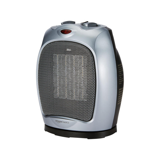 Amazon Basics Oscillating Ceramic Portable Indoor Space Heater, Fast Heating Technology, Overheat and Tip-Over Protection, Adjustable Thermostat, 1500W, 7.52"D x 6.34"W x 9.45"H, Silver