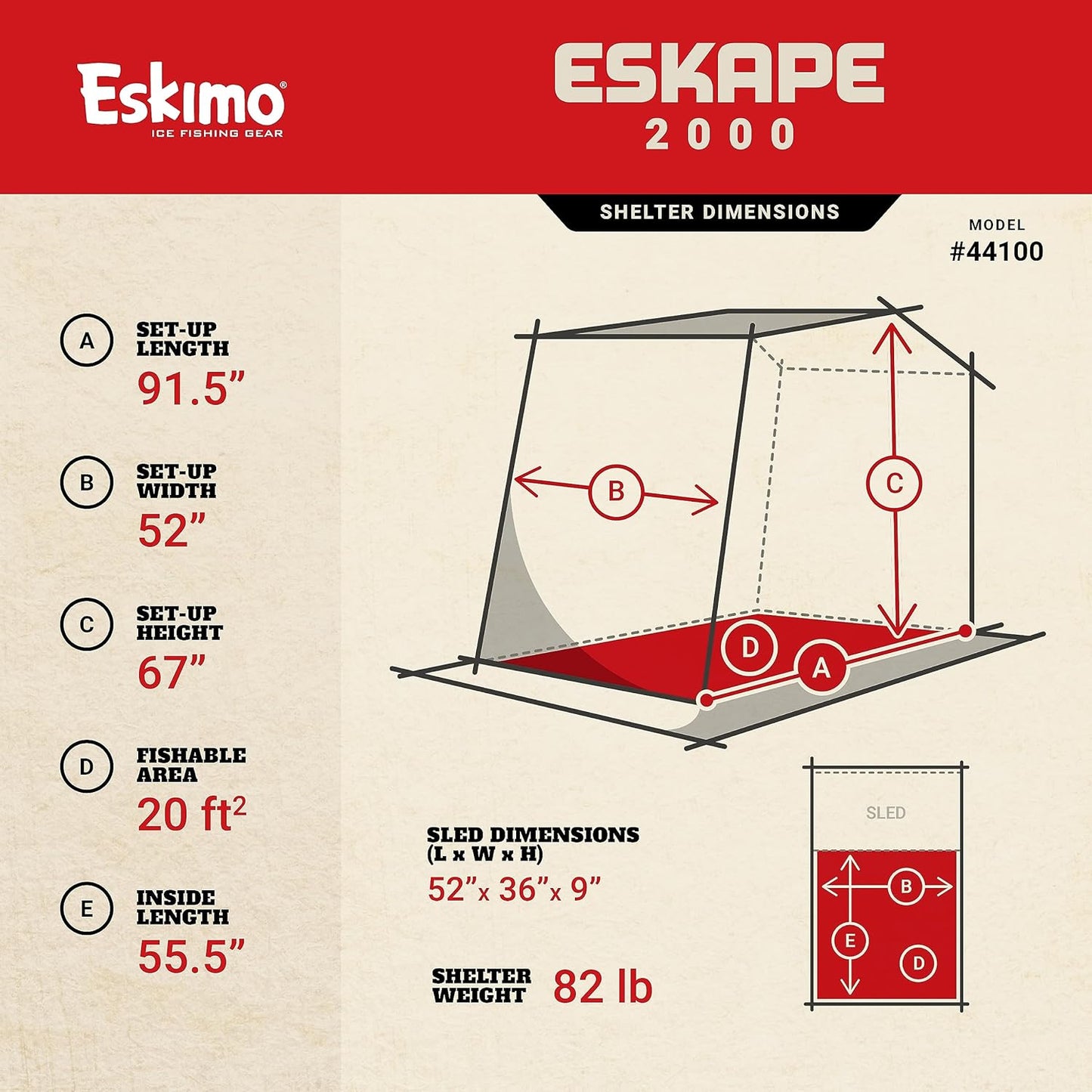 Eskimo Eskape 2000, Flip-Style Sled Ice Fishing Shelter, Insulated, Red/Black, 1-2 Person Capacity, Two Person Versatile Bench Seat, Gray Interior, 44100