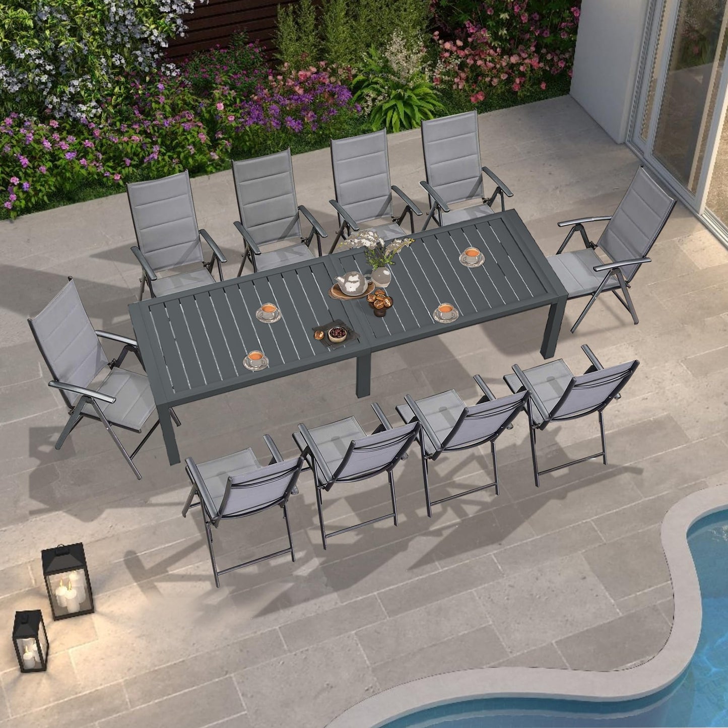 PURPLE LEAF 9 Pieces Outdoor Patio Dining Set with 8 Folding Portable Chairs and 1 Rectangle Aluminum Table, Foldable Adjustable High Back Reclining Chairs with Soft Cotton-Padded Seat, Grey