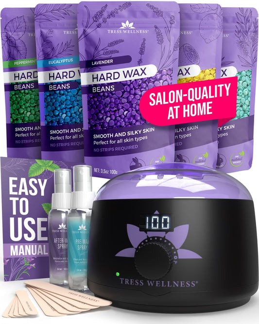 Tress Wellness Waxing Kit for Sensitive Skin – Safe for Face & Skin, Prep & Aftercare Spray, Easy to Use – At-Home Kit for Face, Bikini, Brazilian & Full Body - Digital Display, Black Purple Flower