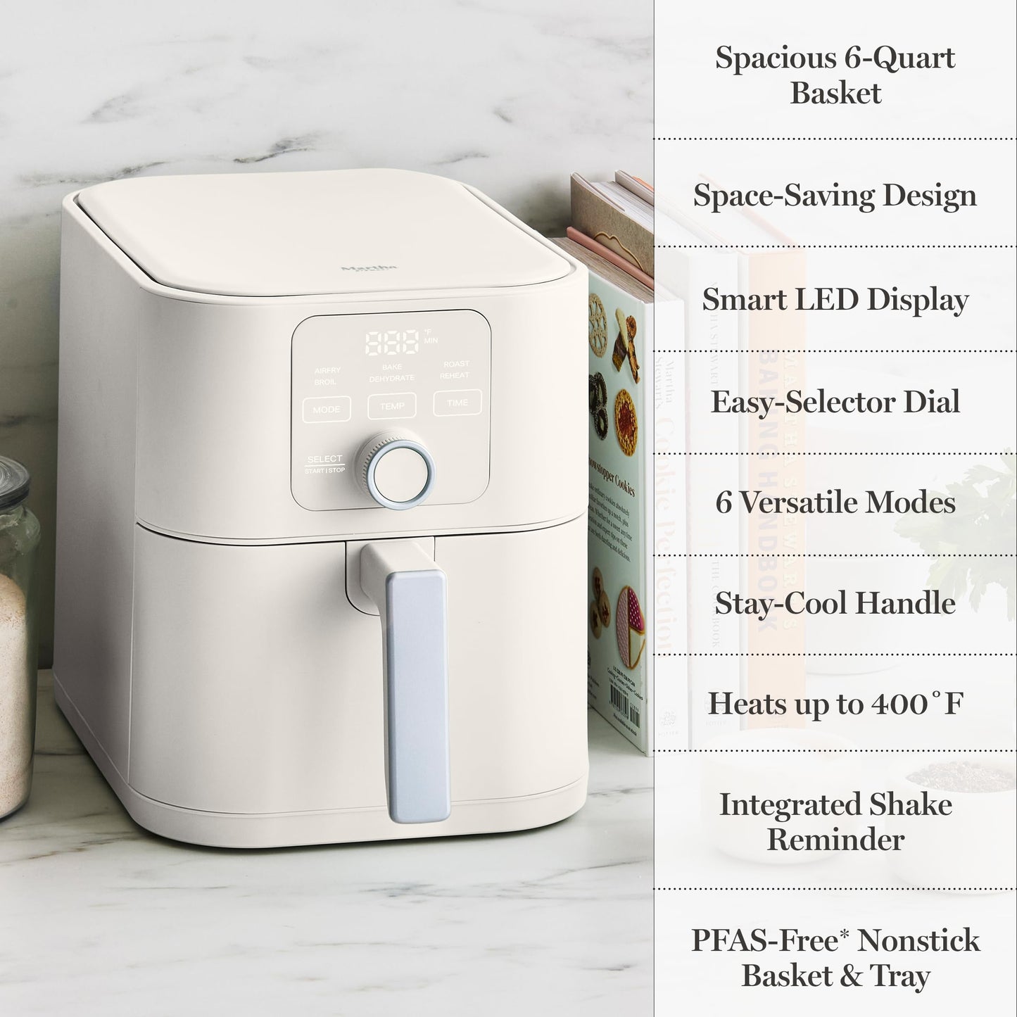 Martha Stewart 6QT Air Fryer, 6-in-1, Bake, Broil, Roast, Air Fry, Dehydrate, Reheat, Ceramic Non-Stick Basket, Crispy Results Fast, 400°F Max Temp, Shake Reminder, Auto Shut-Off, Honeydew Green