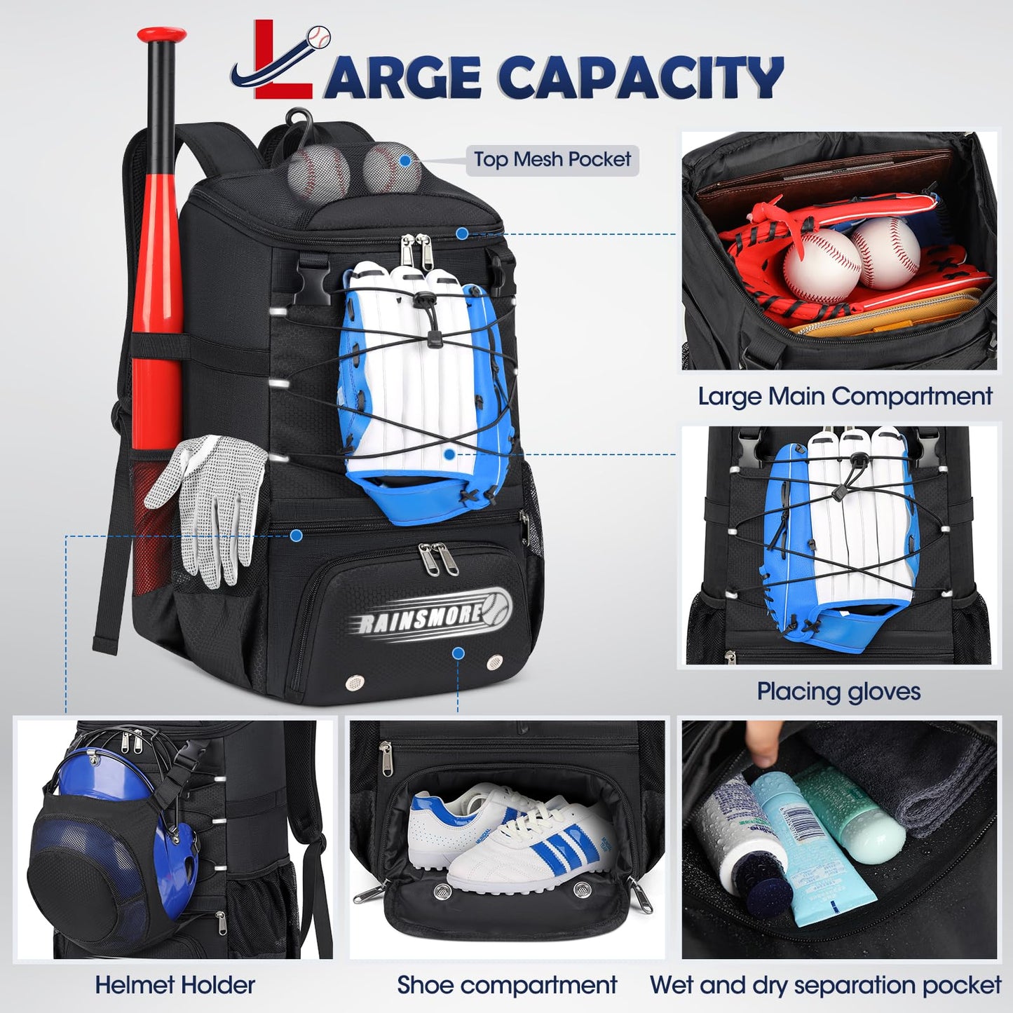 Baseball Bag for Youth & Adult Lightweight Softball Bat Bag with Shoe Compartment, External Helmet Holder and Fence Hook Waterproof Baseball Backpack Hold T-Ball, Bat and Softball Equipment, Black