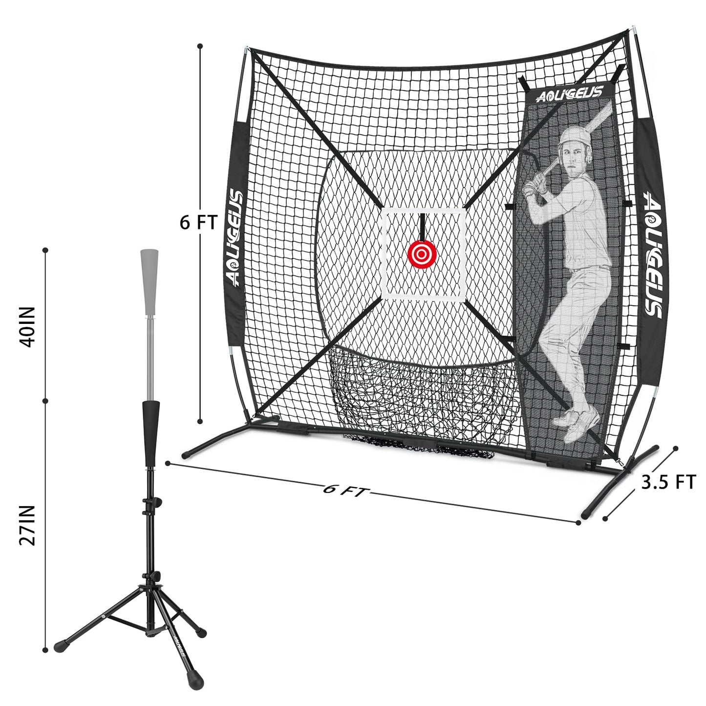 AOLIGEIJS 6'X6' Baseball Softball Practice Net,Pitching Net,Batting Net,with Baseball Tee,Bonus Strike Zone,Target and Bow Frame,for Hitting,Pitching,Catching