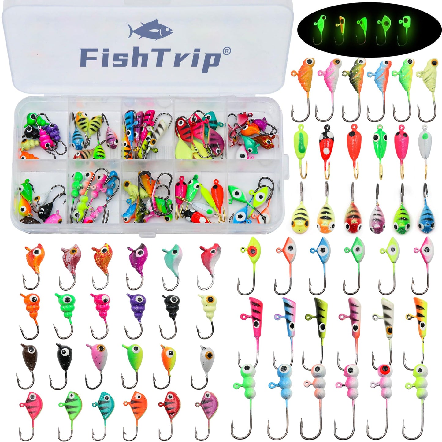 Ice Fishing Jigs Kit, 30/60Pcs Glow Ice Fishing Lure Set for Winter Ice Jigging Crappie Sunfish Perch Panfish Walleye Pike Jigs, Ice Fishing Gear with Storage Box