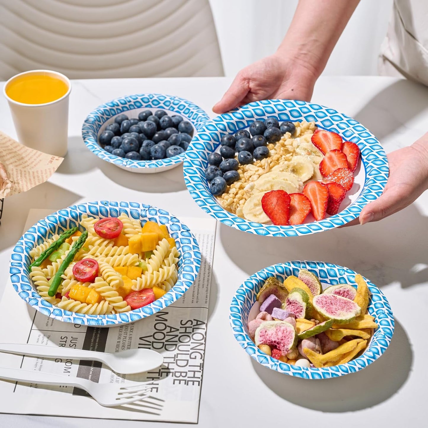 MUCHII 12 Oz Paper Bowls 200 Counts Disposable Bowls, Printed Soak Proof Small Bowls for Breakfast, Lunch, and Dinner Meals