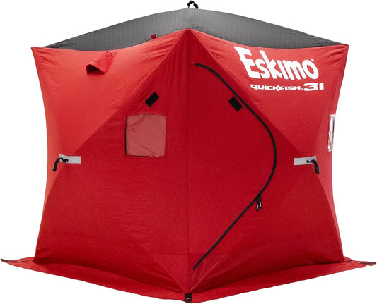 Eskimo 69445 Quickfish 3i Insulated Pop-Up Portable Hub-Style Ice Fishing Shelter, 34 Square Feet of Fishable Area, 3 Person Shelter, Red
