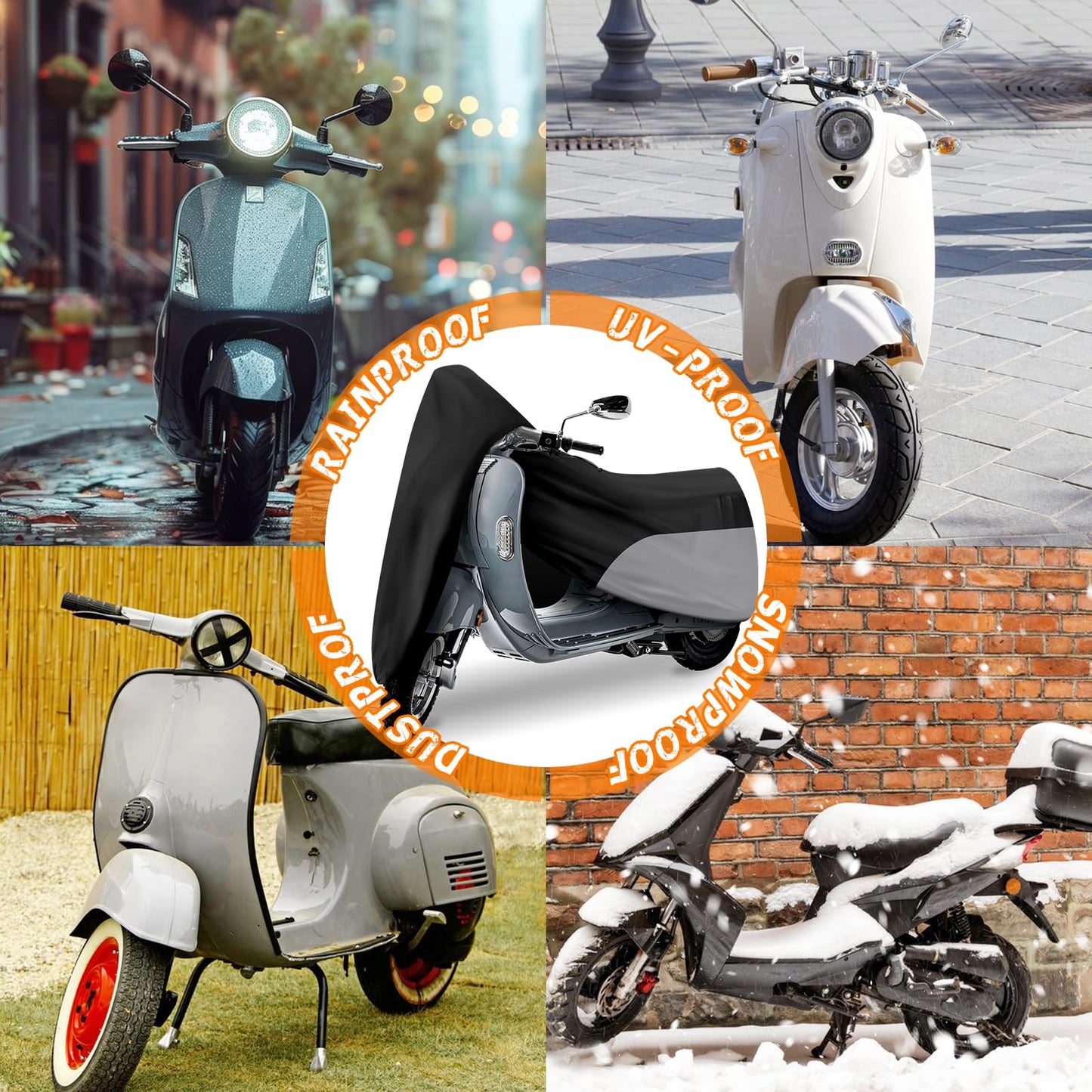 Scooter Cover, Waterproof Moped Cover, Vespa Cover, Outdoor Windproof and UV, for 72" Long Yamaha Honda Ruckus Motorbike Cover (Black)
