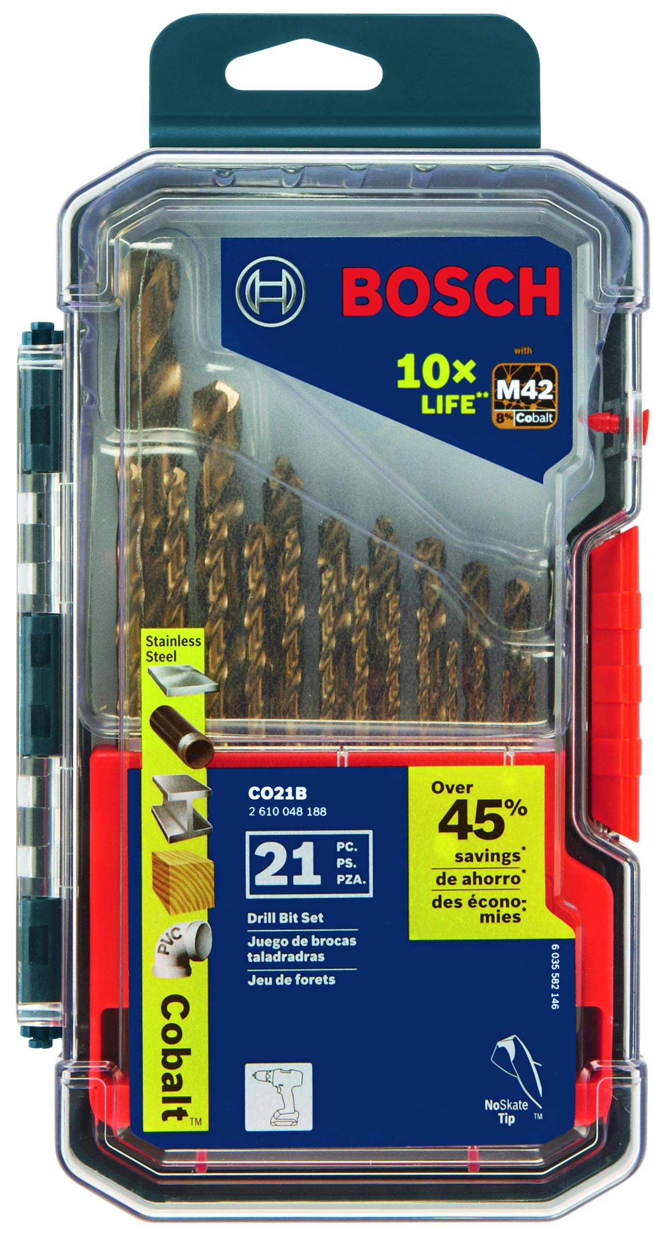 BOSCH CO14B 14-Piece Assorted Set with Included Case - Cobalt M42 Metal Drill Bits with Three-Flat Shank for Drilling Applications in Stainless Steel, Cast Iron, Titanium, and Light-Gauge Metal