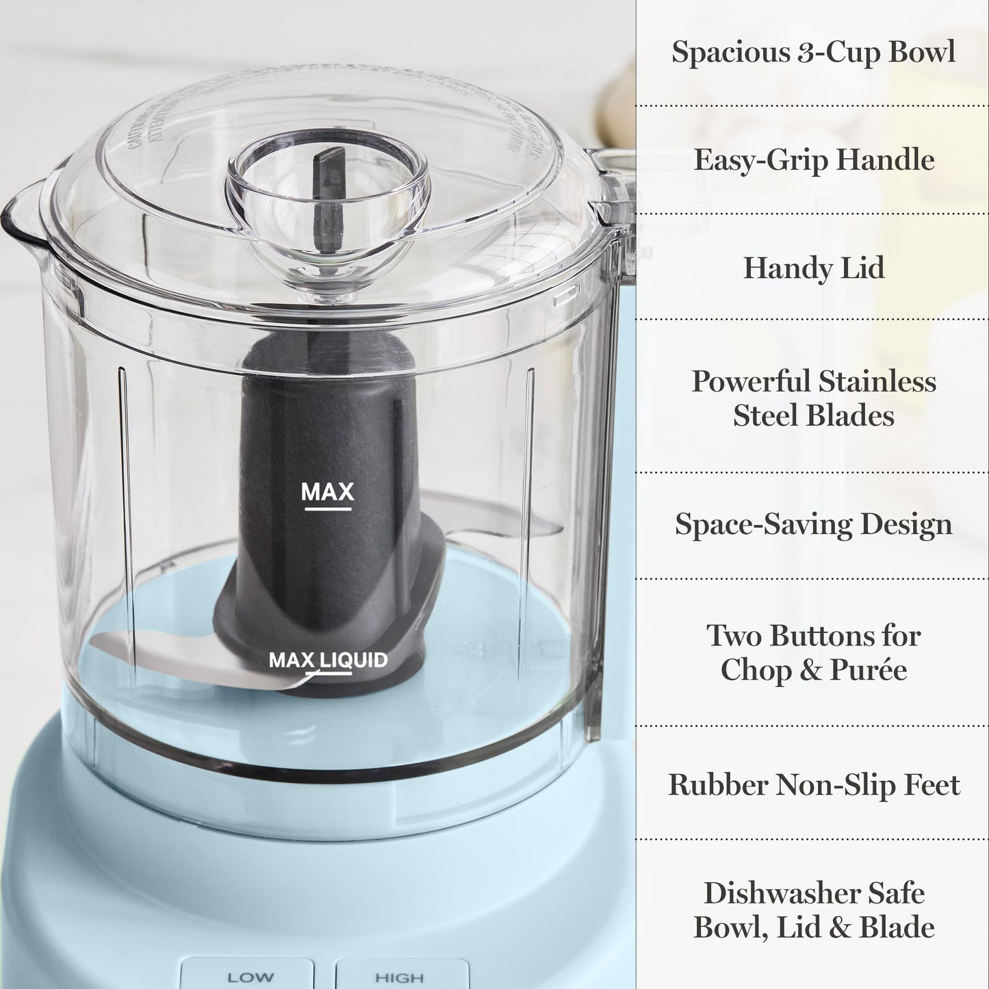 Martha Stewart 3 Cup Electric Food Chopper, Vegetable & Herb Mini Food Processor, 24oz BPA-Free Bowl, Stainless Steel Blades, Pour Spout, Dicing, Mincing, Chop & Puree, Dishwasher Safe, Caviar